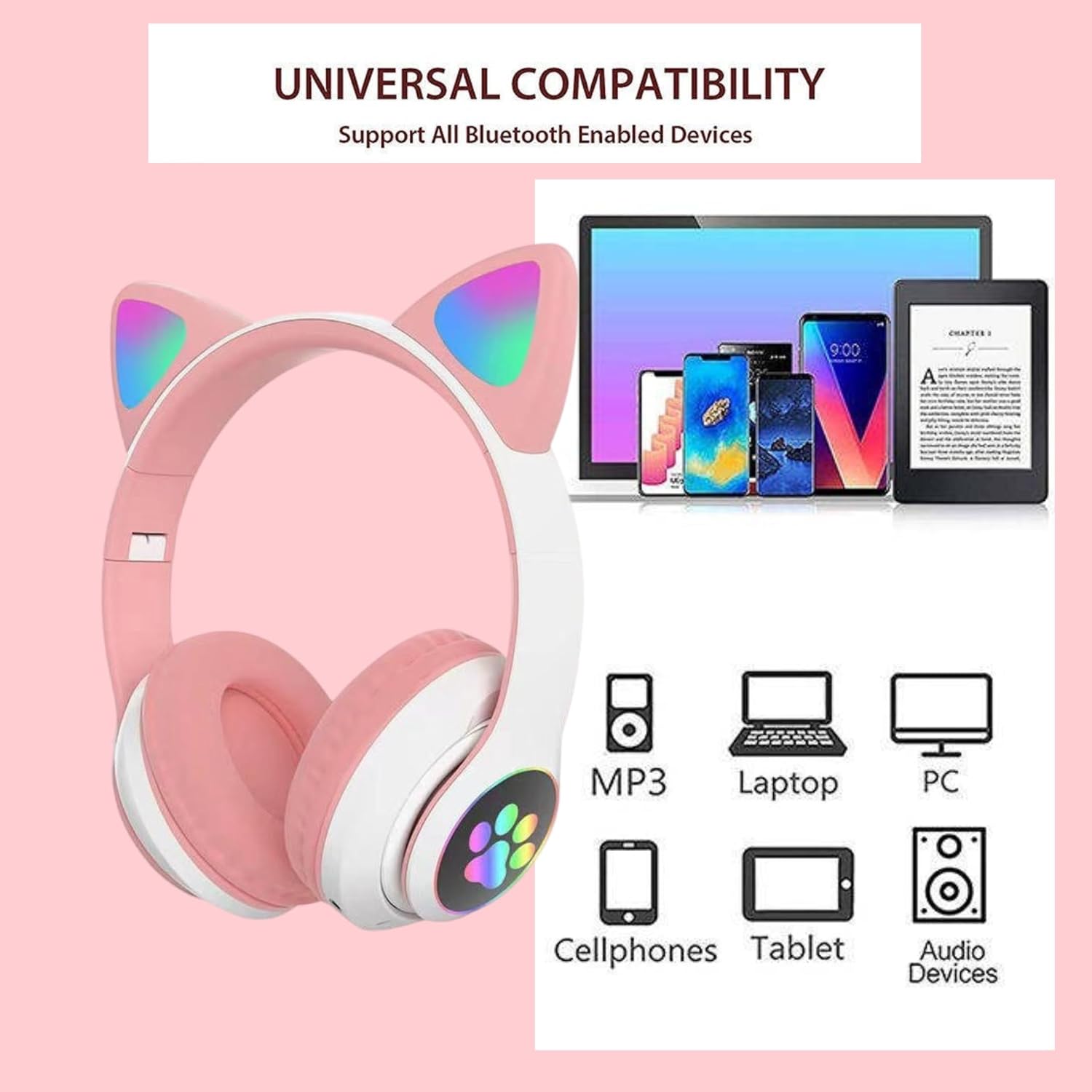 Cat Ear Bluetooth Headphones for Kids & Adults, Wireless Foldable & Wired Multi-Function LED Light Up Over Ear Headphones with Mic and Volume Control for iPhone/iPad/Laptop/PC (White 2) - Image 3
