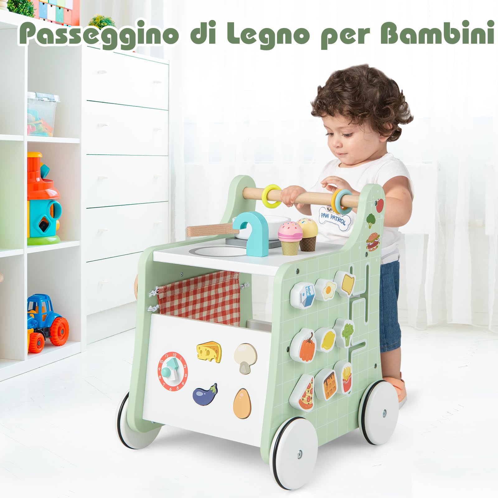 COSTWAY Carrello Primi Passi in Legno per Bambini, Centro Attività Montessori con Giacattoli, Gioco Educativo con Ruote, Girello per Bambini 12 Mesi +, 31 x 34,5 x 42 cm (Verde)