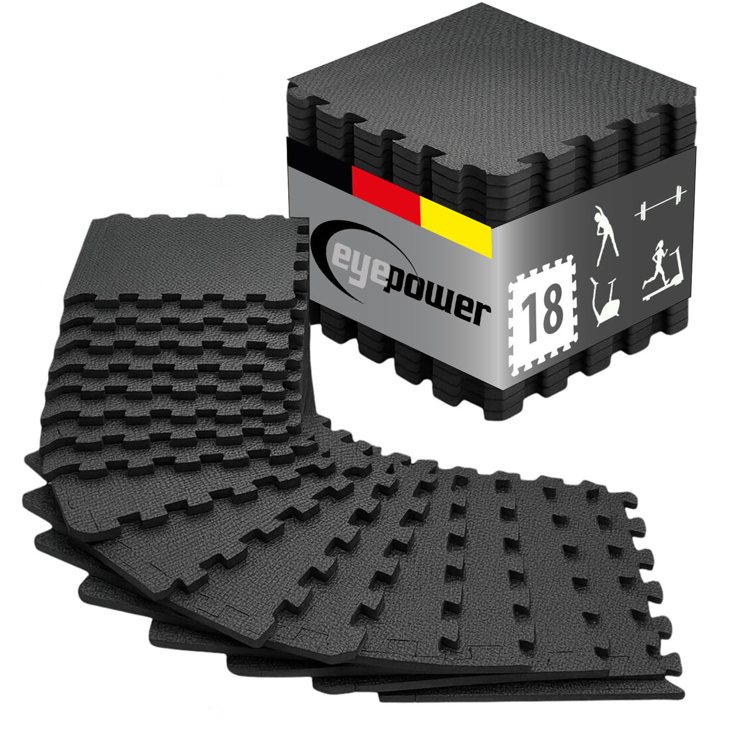 EyePower Bodenschutzmatte 18er Set – 30x30 cm Puzzle-Matten, 1 cm Dick