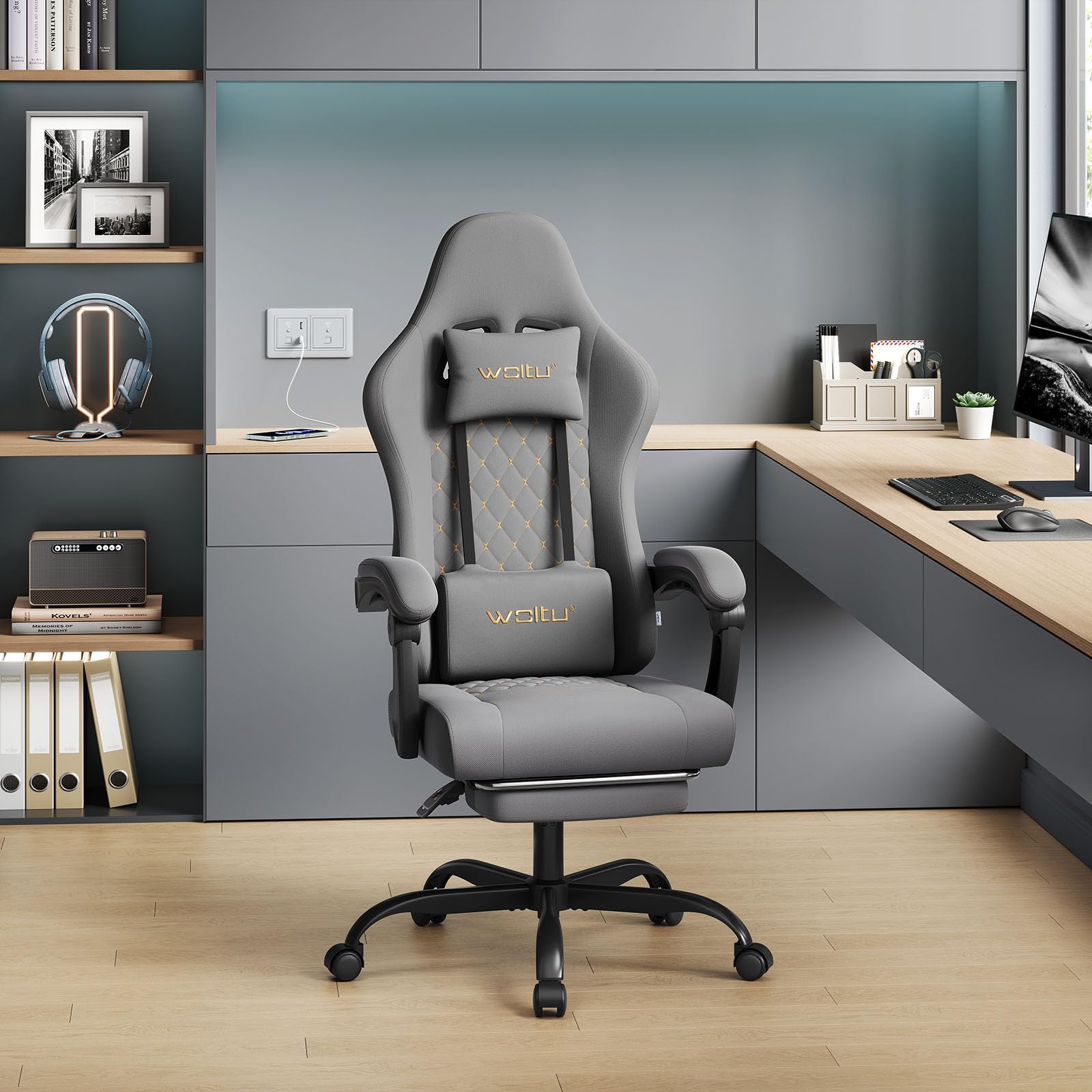 WOLTU Chaise Gaming Massante, Chaise Bureau Ergonomique, avec Coussin à Ressorts, Soutien Lombaire Massant, Appui-tête, Repose-Pieds, Tissu Maille, Charge 150kg, Gris+Jaune