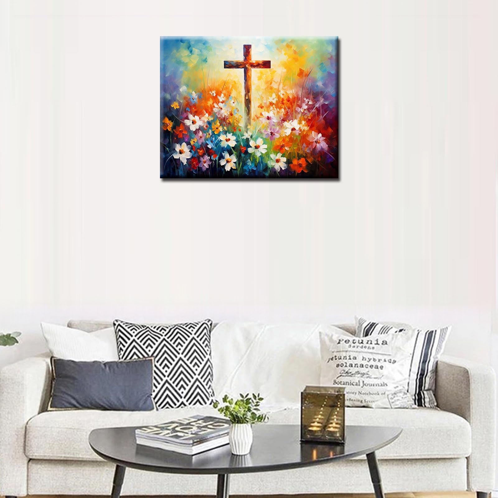 Tucocoo Religious Cross Paint by Number for Adults Beginner, DIY Oil Painting Kits on Canvas with Brushes and Acrylic Pigment, Wild Flowers Sunshine Pictures for Home Decor 16x20 inch (Frameless)
