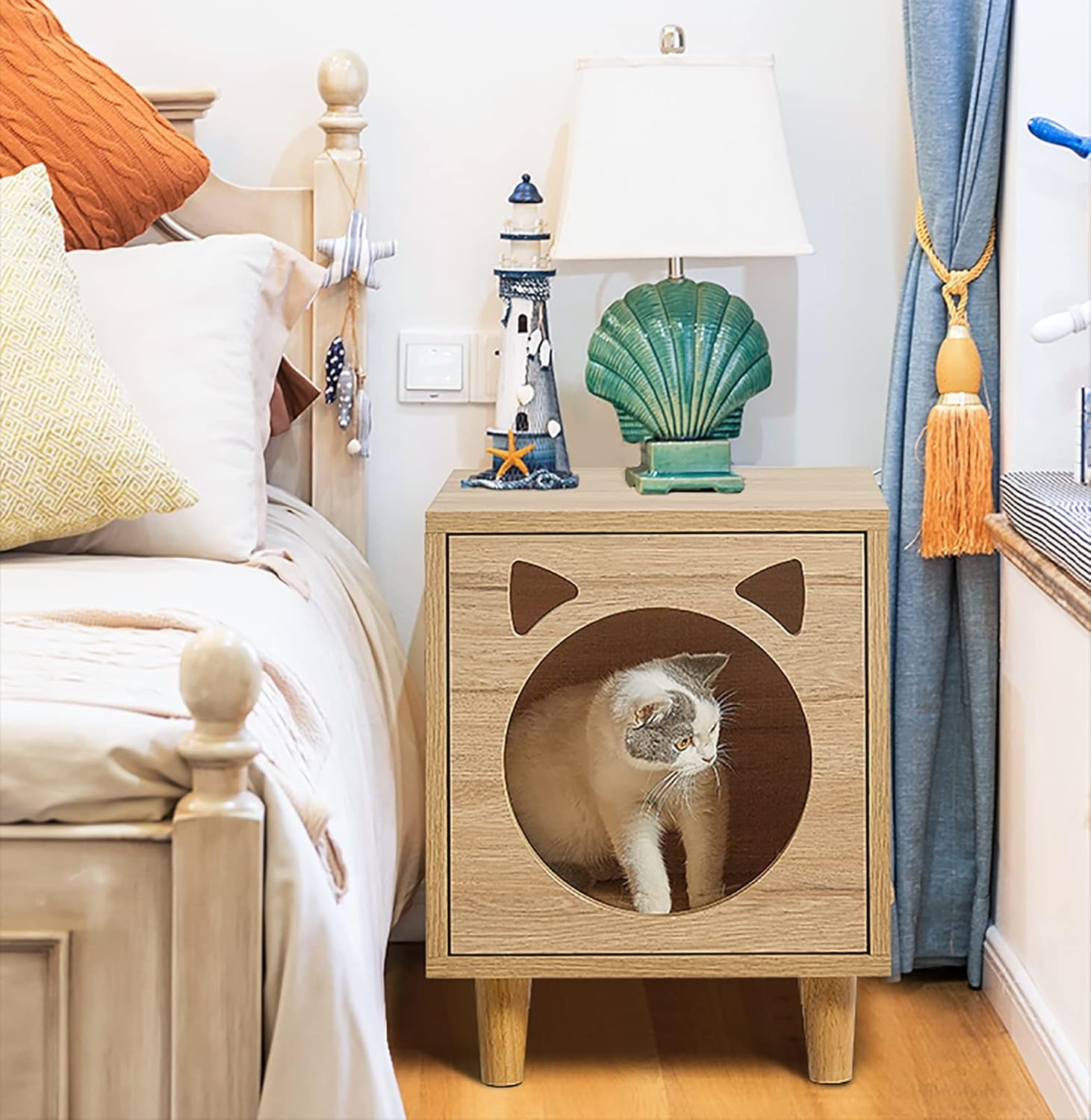 review 3 in 1 Cat House Bed, Indoor Cats Cube Condo Wooden, Multi Functional Pet Bed Room Use as Nightstand End Table, Cute Furniture Decorative (Color : Natural) (Natural)