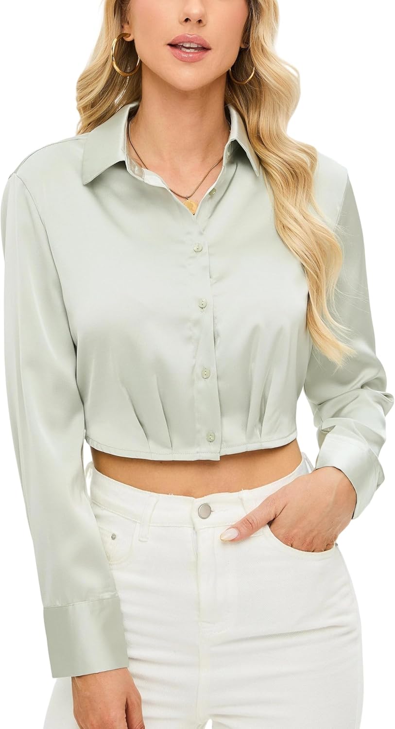 Womens Cropped Button Down Shirts Casual Long Sleeve Solid Collared Crop Blouse Tops