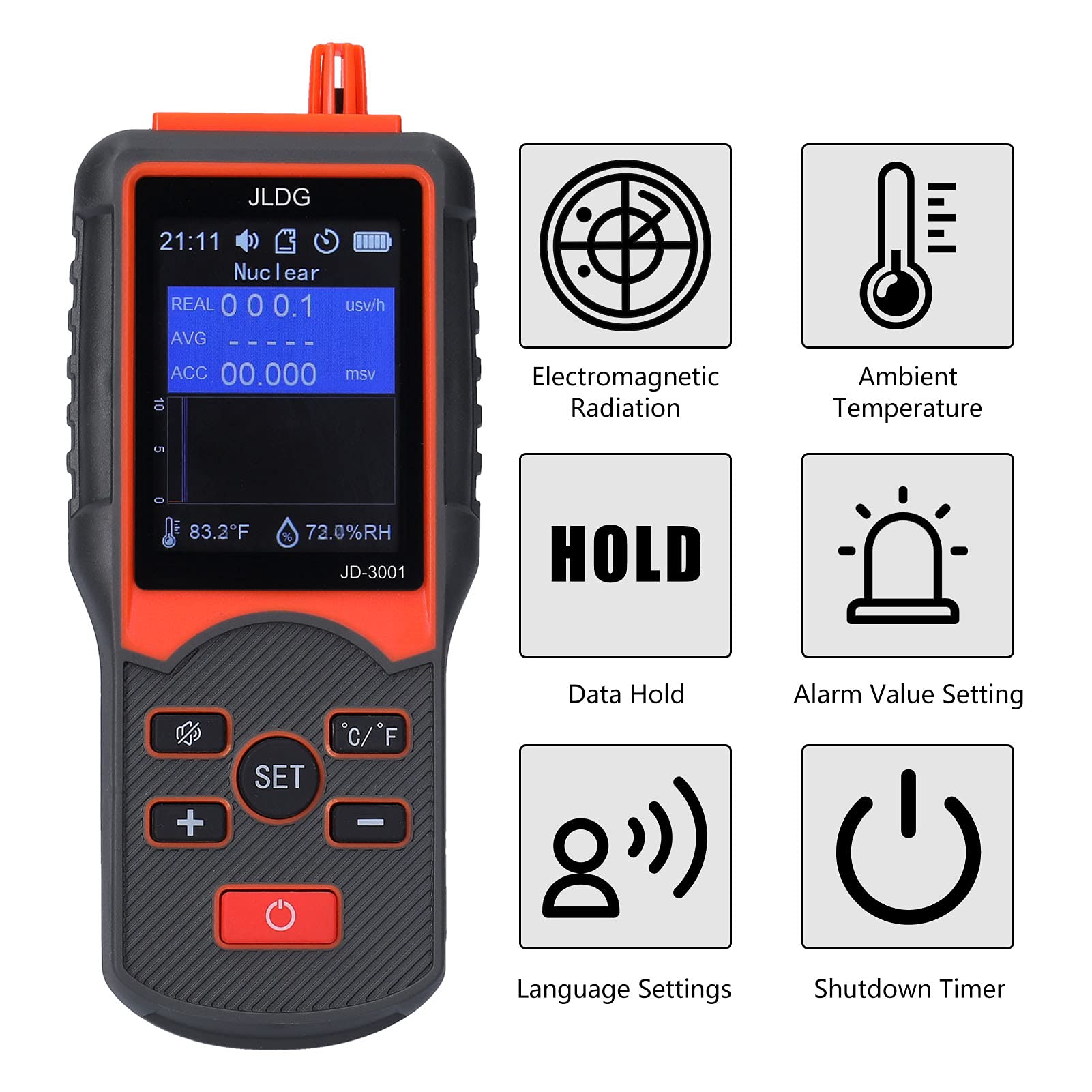 Ausla JD 3001 Contador Geiger Detector de Radiación Electromagnética Portátil con Carcasa de ABS Exportación de Datos Temperatura Humedad Monitoreo 5F a 230F para Uso en el Laboratorio Doméstico