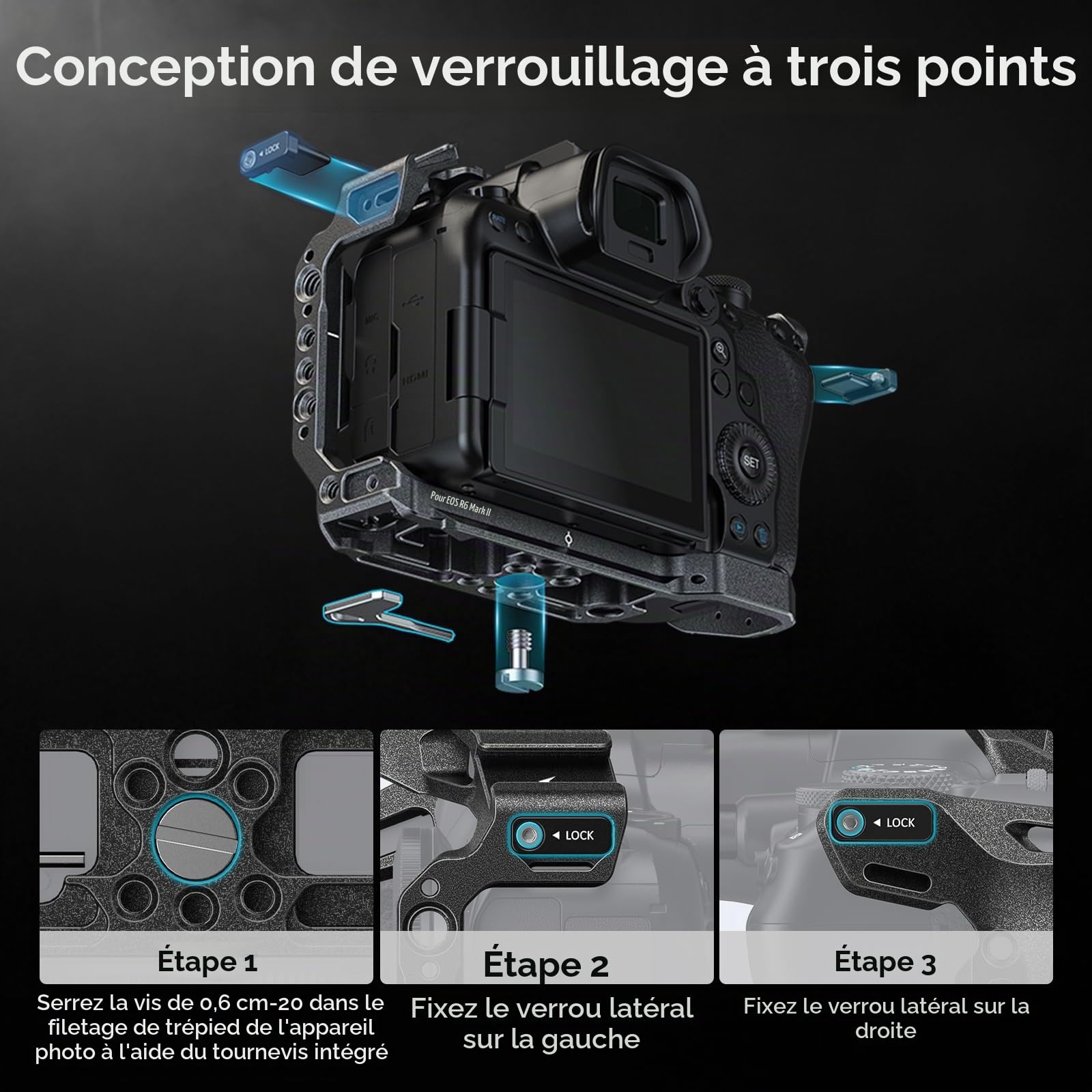 SMALLRIG Black Mamba Cage pour Canon R6 Mark II, Plaque de Dégagement Rapide Intégrée pour Arca, Cage Vidéo pour Appareil Photo avec Cold Shoe, Trous Filetés 1/4''-20 et 3/8''-16-4161