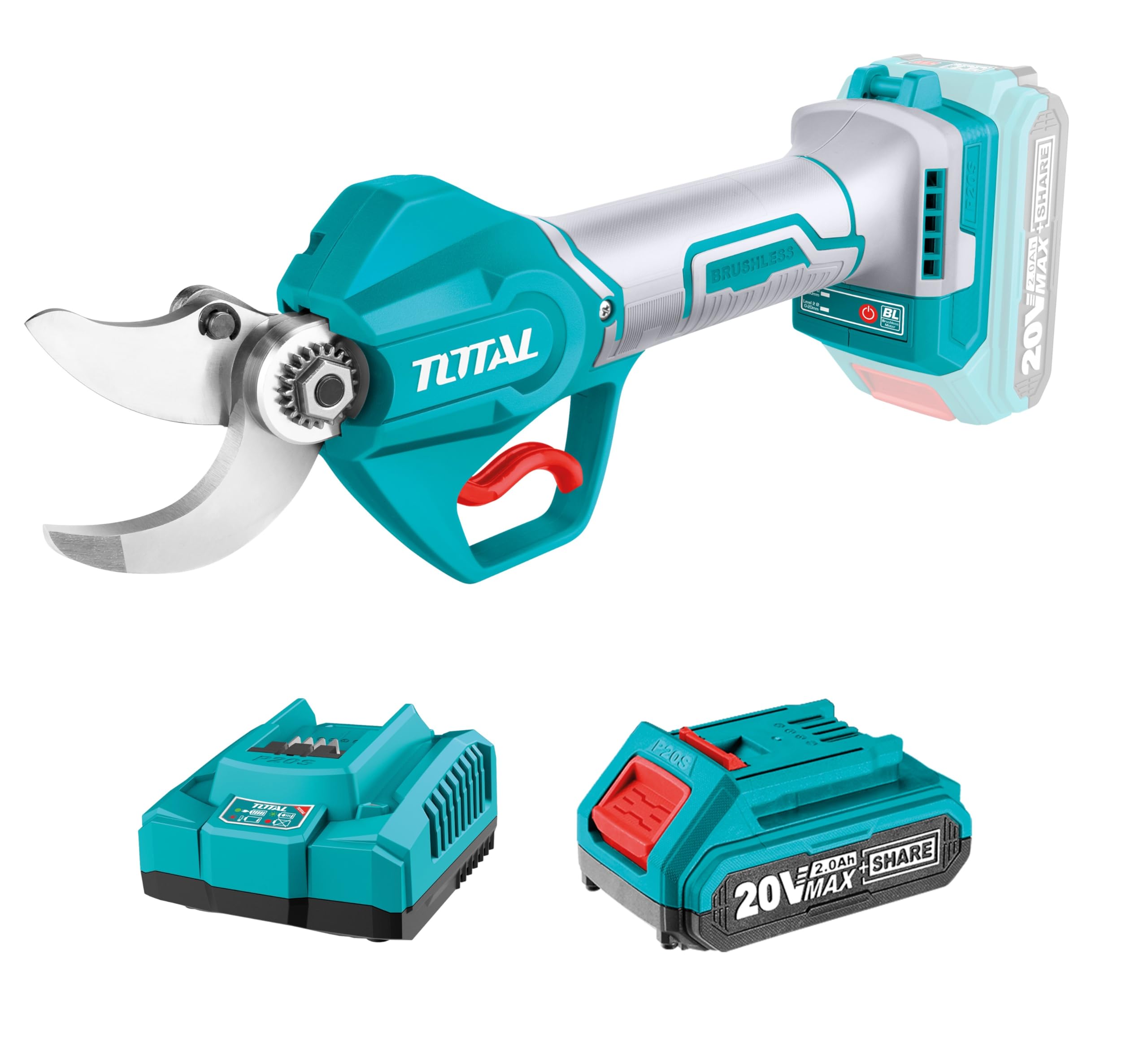TOTAL - Set de Tijeras de Podar Eléctricas Profesionales - Motor Brushless - Corte hasta 30mm - Incluye Batería de Litio 20V 2Ah y Cargador Rápido - Ideal para Jardinería