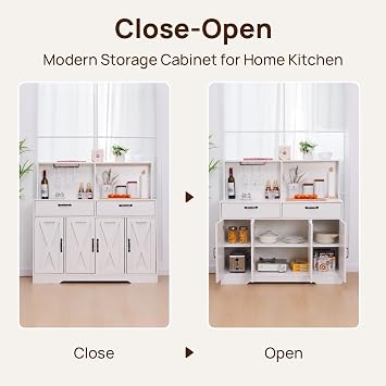 Sideboard Buffet Cabinet with Storage - 47'' Farmhouse Coffee Bar Cabinet, Kitchen Pantry Storage Cabinet with Doors and Shelves for Dining Room, Living Room, Kitchen (White)