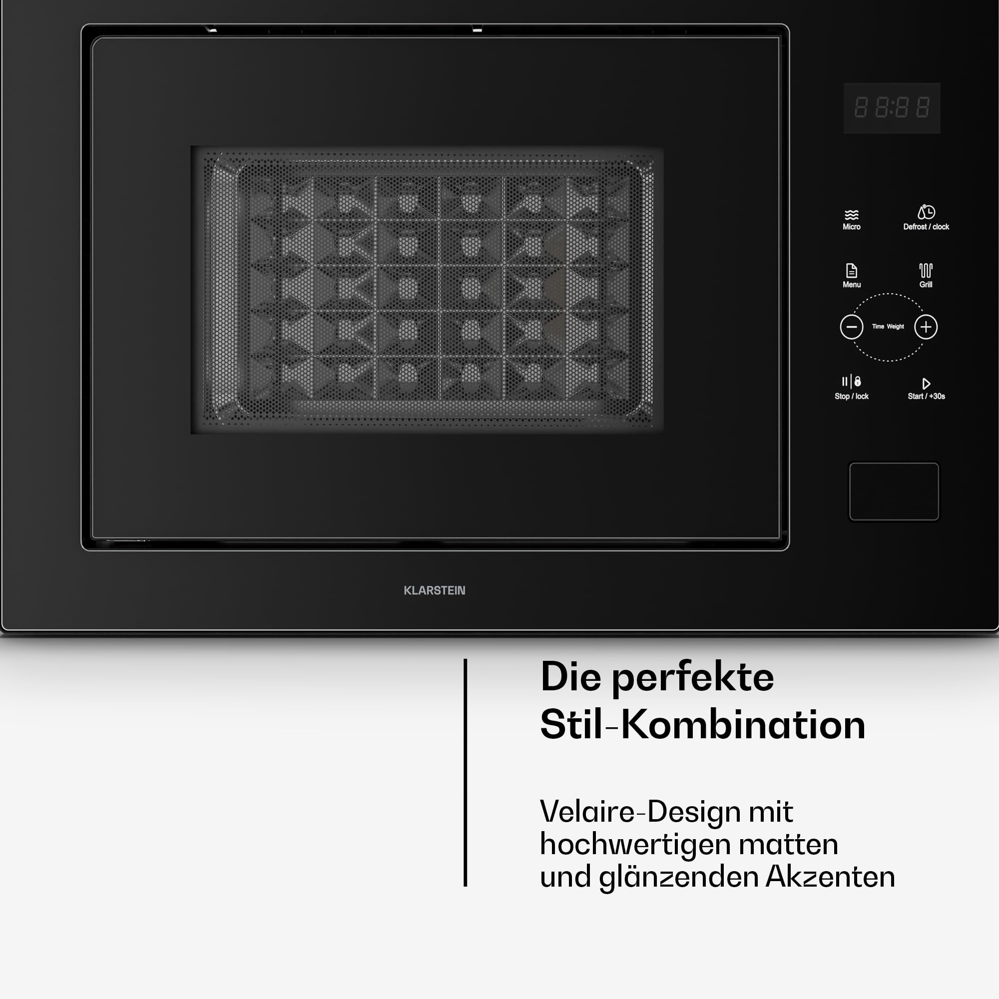 Klarstein Velaire Einbaumikrowelle 60 cm mit Grill – 25L, 850W Mikrowelle & 1200W Grill, 8 Programme, Touch, Edelstahl, Timer, Mikrowelle Einbaugerät, Schwarz