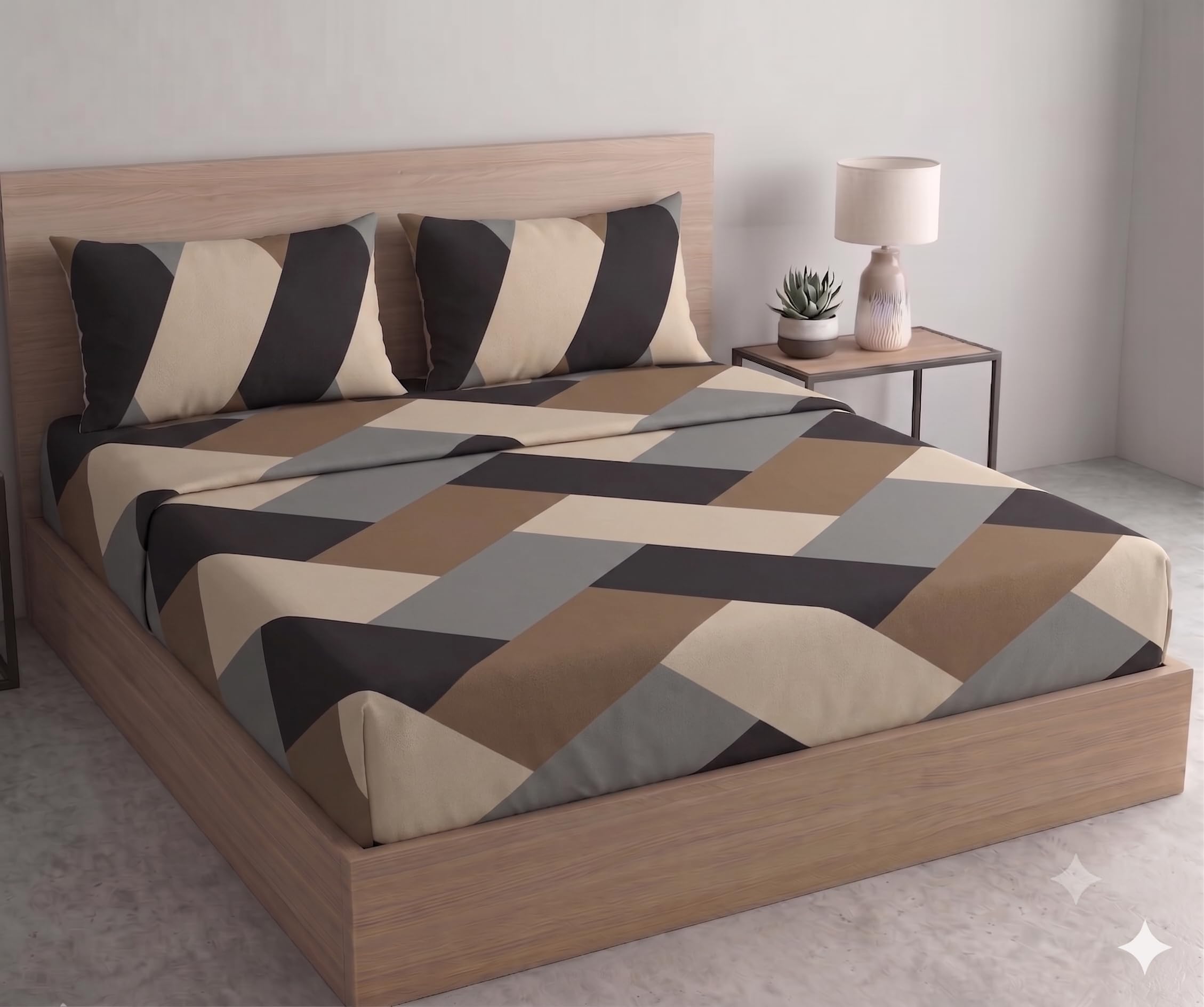 DECOMIZER 300 TC Cotton Feel Glace Cotton Elastic Fitted Printed King Size Double Bed Bedsheet with 2 Pillow Coverm Fits Upto 8 inches Mattress,Size- 72x78x10 Inches, Beige Cross Grey