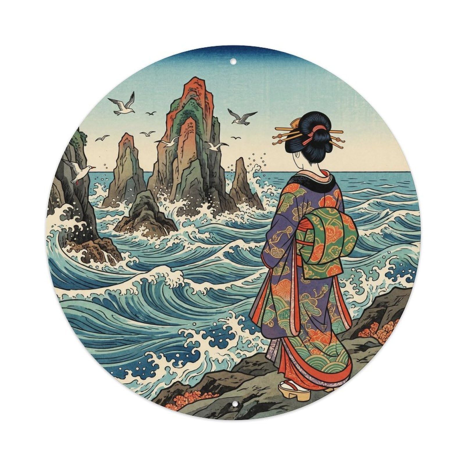 Japanese Geisha Coastal Rocks Strength Metal Tin Sign