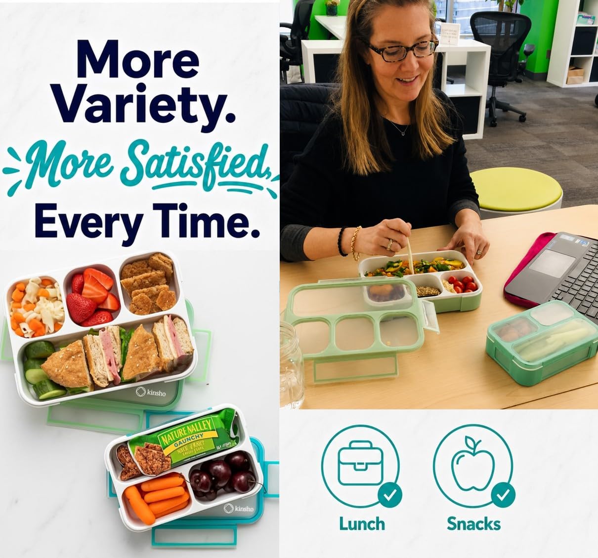 Scatole per il pranzo e snack Bento a tenuta stagna, confezione da 4 contenitori per porzioni per la pianificazione dei pasti, per donne e adulti, senza BPA, utensili - blu, verde