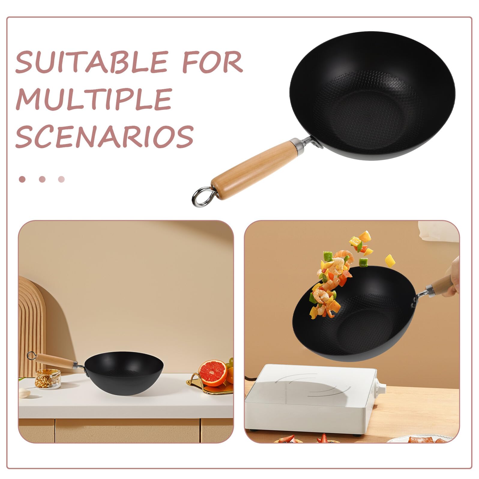Generico Padella Wok in Ferro Battuto 24 CM senza Coperchio Wok Piccolo per Fornelli a Gas Accessorio Cucina Quotidiano Impugnatura Ergonomica per Uso Domestico