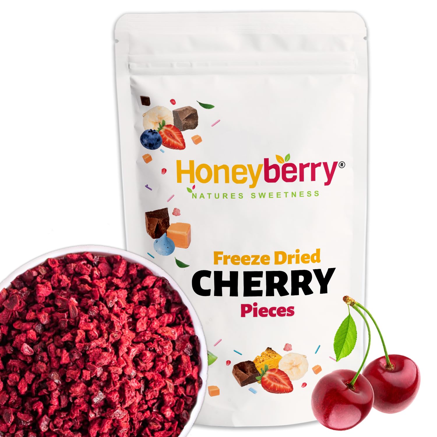 Freeze Dried Cherry Pieces 100g - Dehydrated from Frozen Dry Sour Cherries - 100% Natural, No Added Sugar, Gluten Free, Vegan Friendly - Edible Fruit Chunks for Baking, Cake Decoration, Smoothie, Oats
