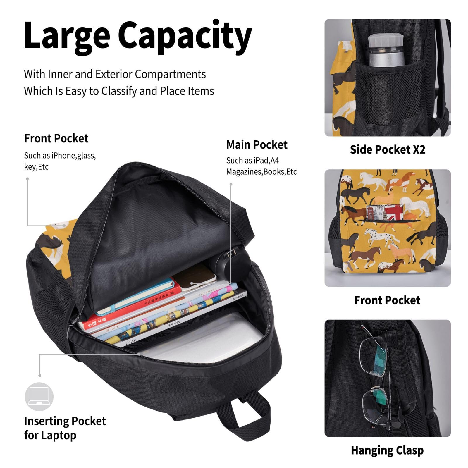 YSOLDA Juego de mochila, mochila escolar, mochila, juego de 3 piezas con bolsa de almuerzo, estuche para lápices,Varios tipos de caballos