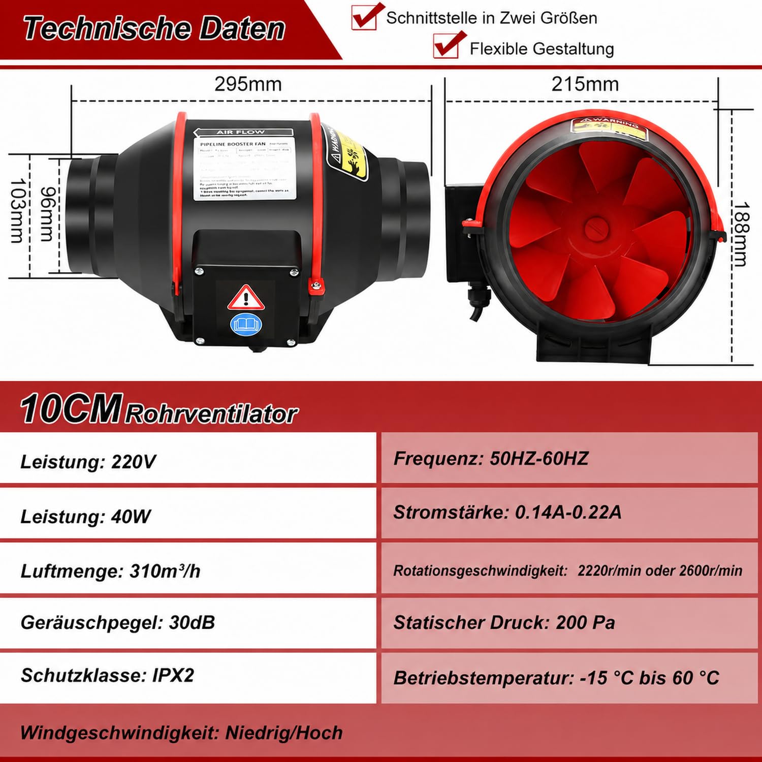 Rohrventilator mit Fernbedienung, 40W, 310 m³/h, Rohrlüfter Ø100 mm