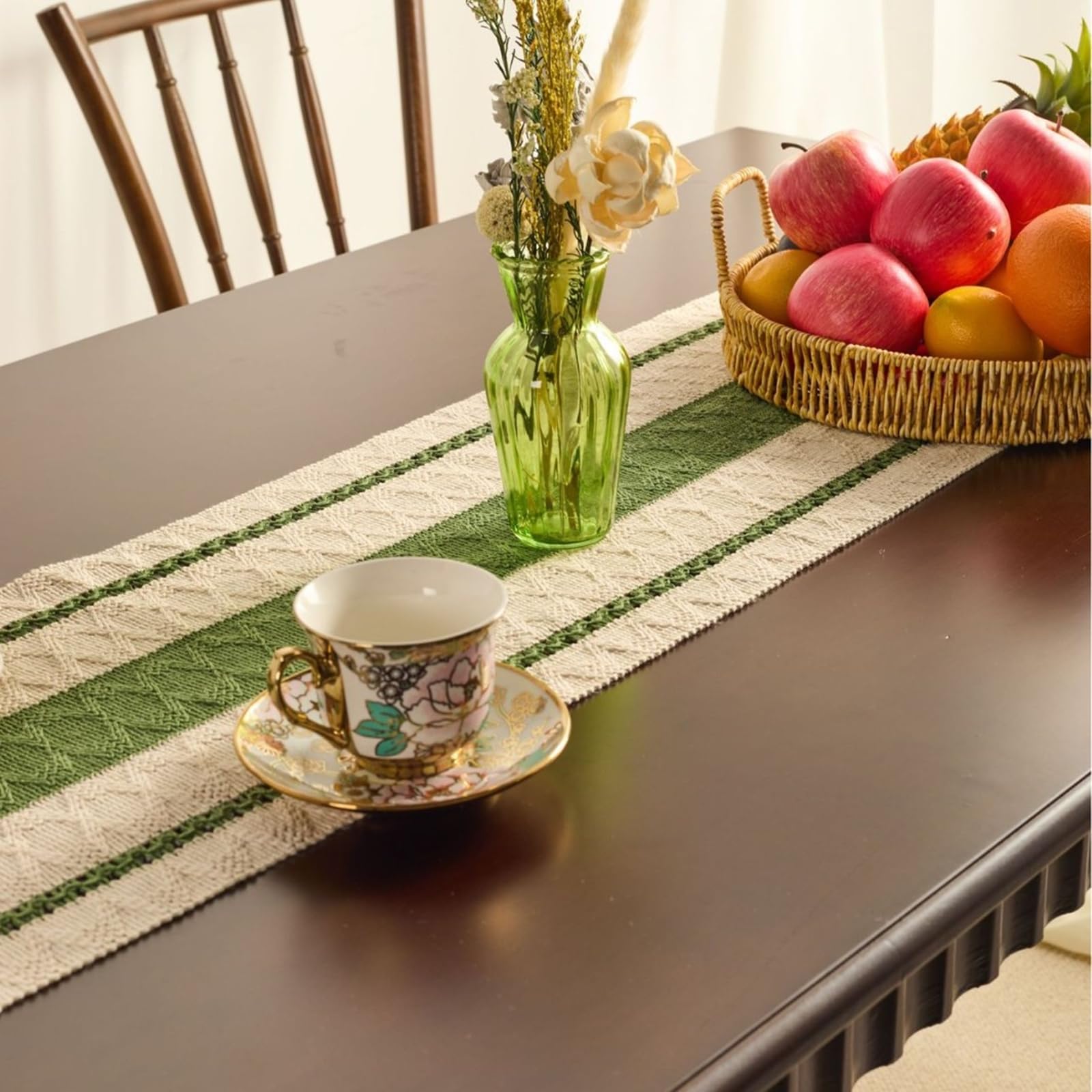 Runner da Tavolo Poliestere Cotone 30x220 cm, Runner da Tavola Moderno Lavabile Strisce Intrecciato Semplice con Nappe Decorazioni per Sala da Pranzo Feste, Verde