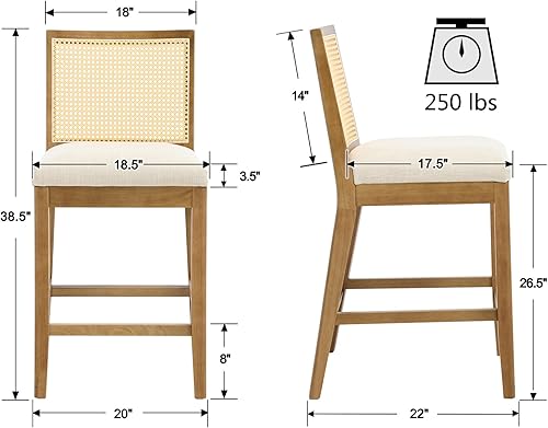 Miniatura 2 de VESCASA Taburetes tapizados de encimera de 26.5 pulgadas de alto con respaldo de ratán rectangular, sillas de bar modernas de altura de mostrador