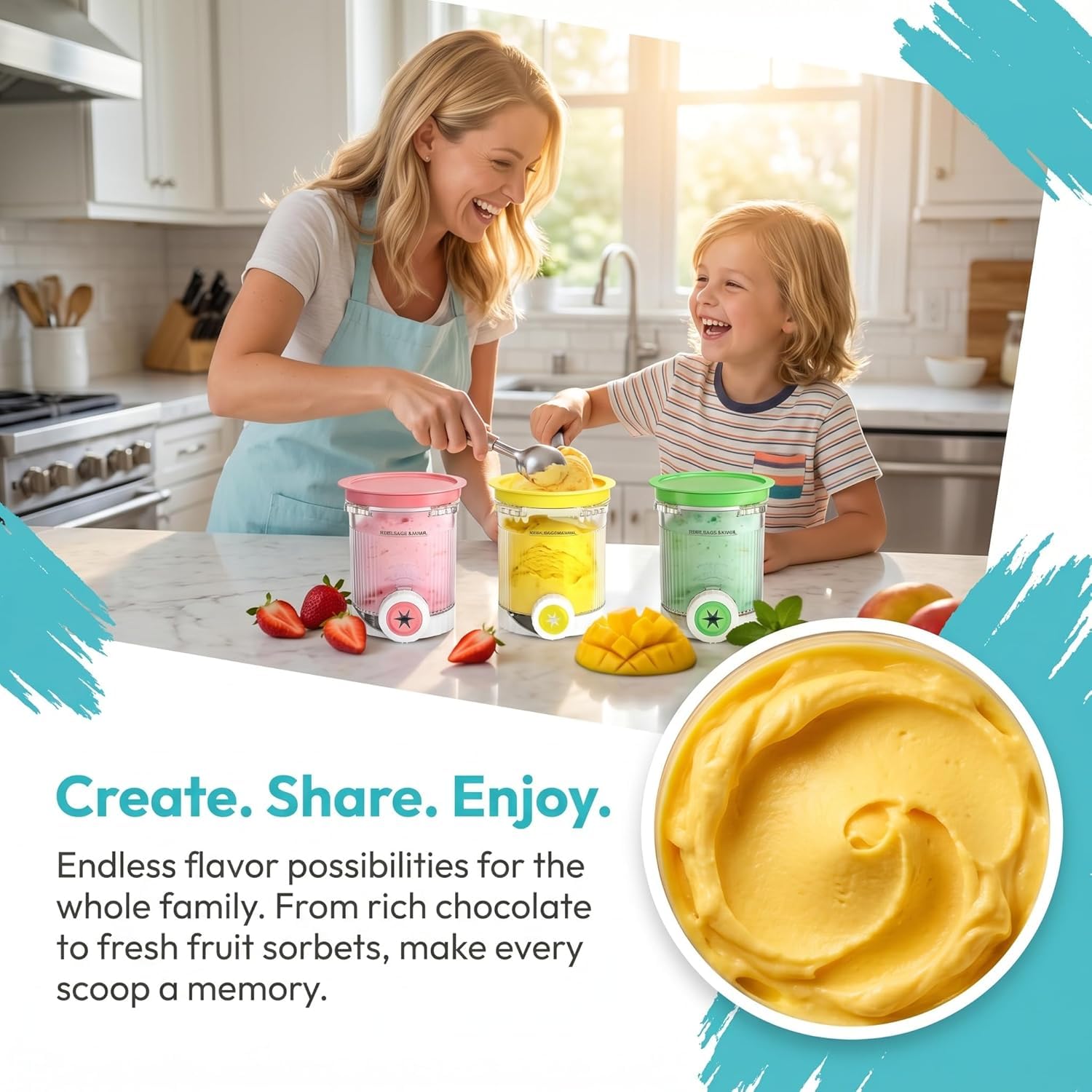 Set da 4 Contenitori Compatibile con Ninja Creami Swirl NC700 NC701EU, 480ml Barattoli per Gelato con 2 Spatole in Silicone e 1 Rotolo di Etichette, Senza BPA e Lavabili in Lavastoviglie
