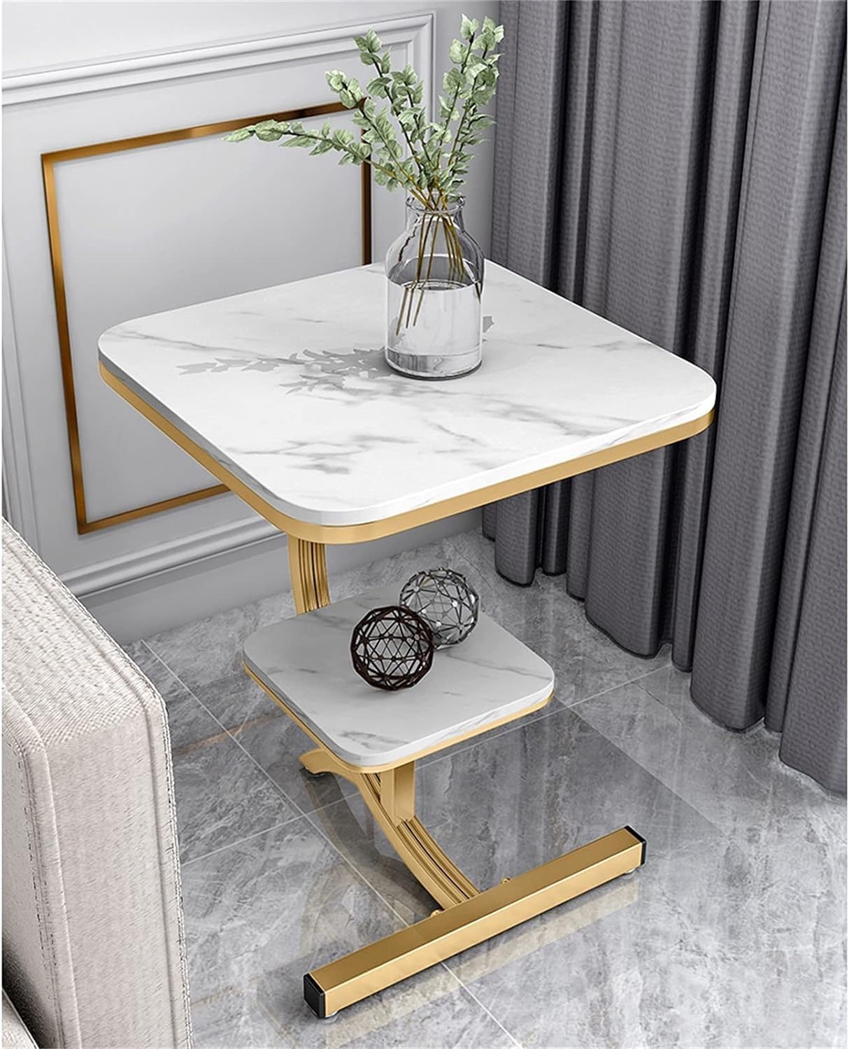 Modern C-Shaped Side Table for Sofa & Bed - 2-Tier Marble Finish End Table Space Saving Coffee Table Modern Accent Table for Home Decor for Living Room & Bedroom (Golden WHIITE)-image-35
