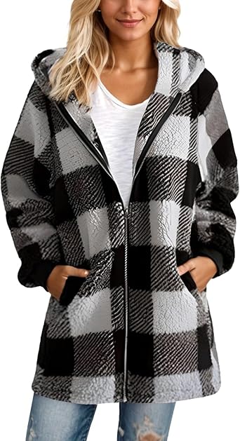 FQZWONG Winter Clothes For Women Zip Up Fleece Jacket Warm Long Sleeve Fuzzy Coats Trendy Plaid Hooded Outerwear With Pockets