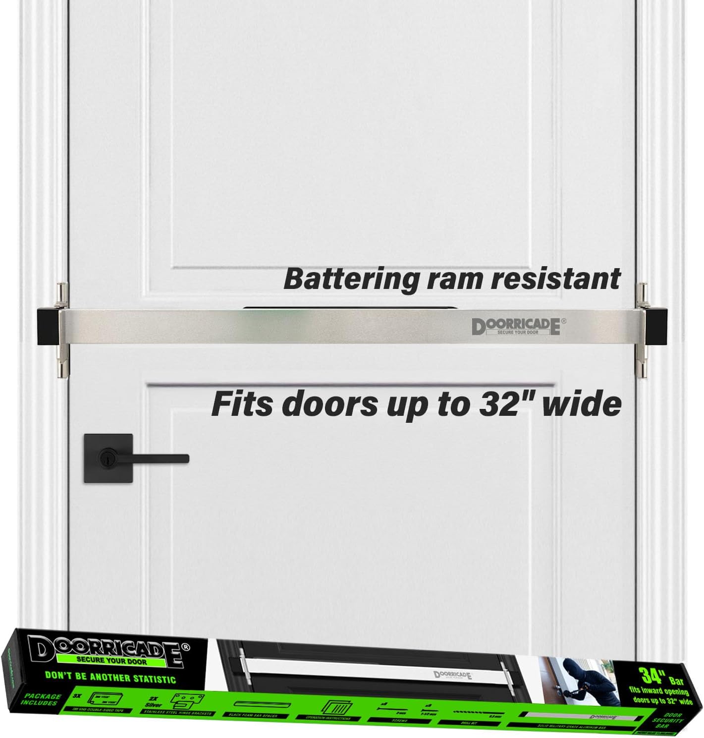 Door Security Bar-by Doorricade-Secure The Entire Width of Your Inward Opening Front Door or Safe Room. fits Doors up to 32" Wide.