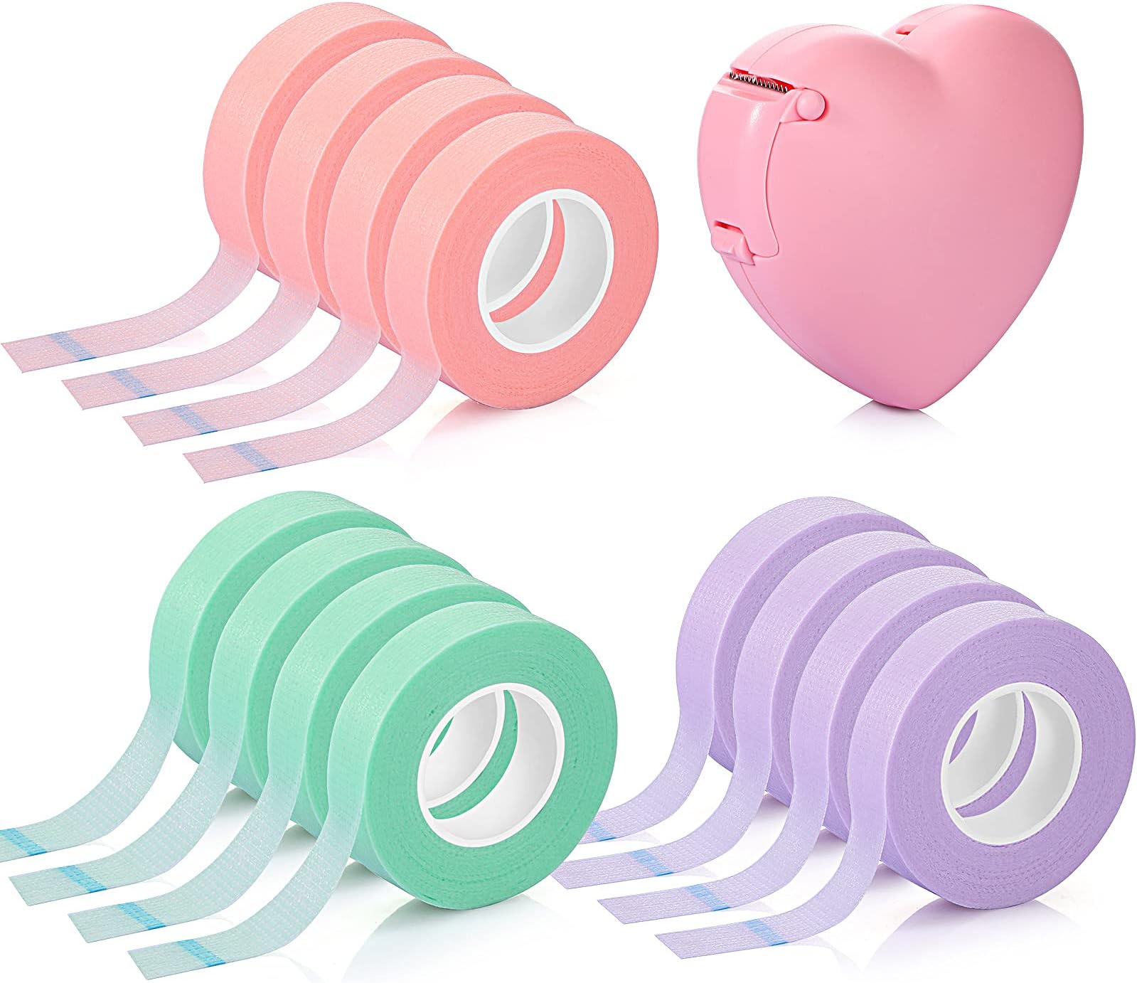 Eyelash Extension Tape Breathable Adhesive Lash Tape Non-Woven Fabric Lash Tape with Heart-Shaped Tape Dispenser Cutter, 0.5 Inch Wide, 10 Yards Long of Each (Pink, Purple, Green)