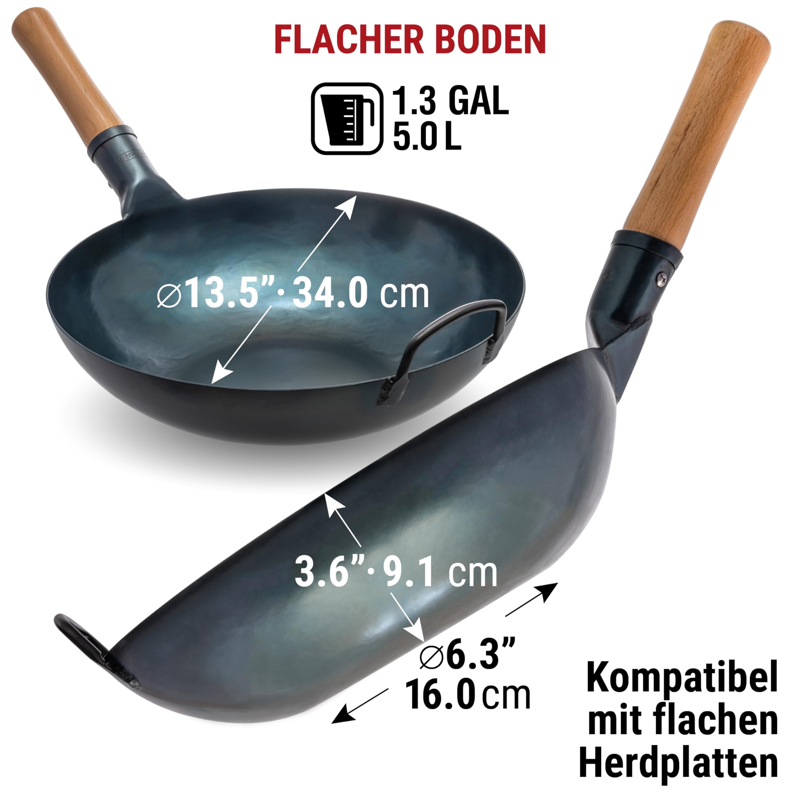 YOSUKATA Flacher Boden Blau Karbonstahl Woks & Wokpfannen 34 cm | Voreingebrannter Wokpfanne - Traditionell Wok für induktionsherd - Kompatibel mit Gas- Elektroherden Grill Induktion Feuer