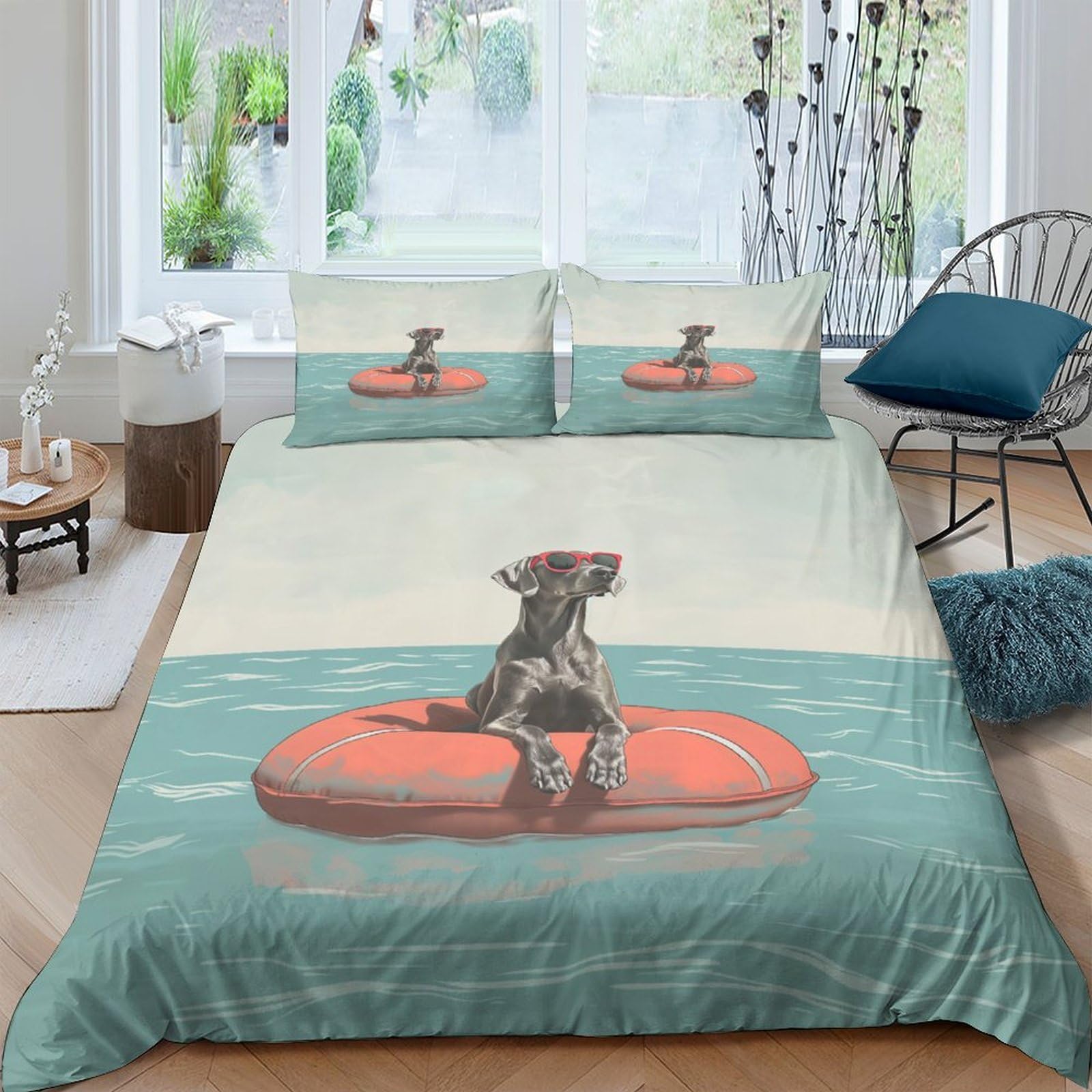 Ctjqhvkz Style-5 3D Printed Dog On Lifebuoy Fitted Sheet Microfiber Soft Blue Water Mattress Cover For Bedroom Dorm Mattress Decor Single（135X200cm）