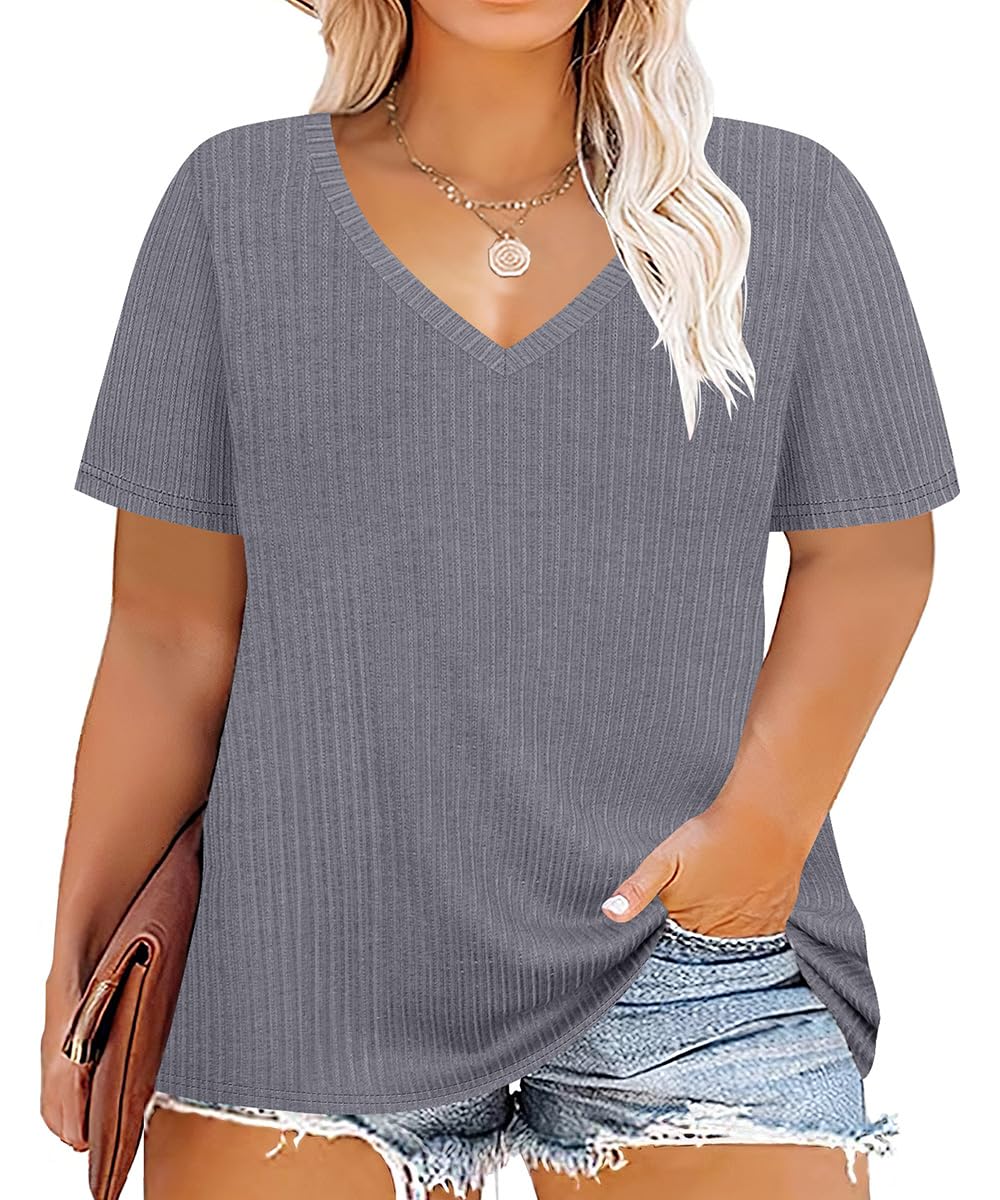 CARCOS Plus Size Tops for Women Short Sleeve Shirts Basic Tee Solid Color Blouse V Neck Tunic Loose Fit Tshirts Summer XL-5XL
