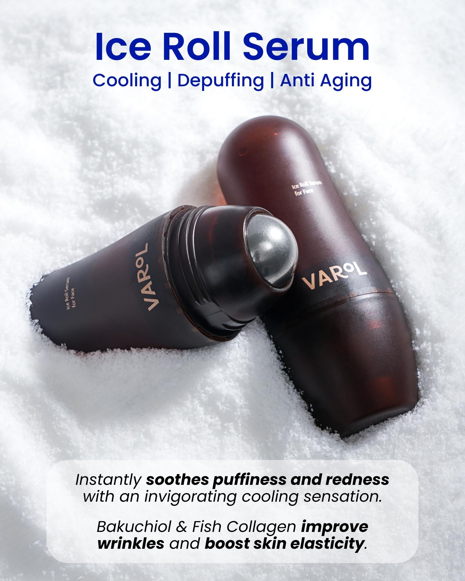 Ice Roll Serum for Face, Puffy Eyes, Under Eye Bags - Bakuchiol & Collagen for Wrinkles, Anti Aging, Cooling Ice Roller for Puffiness, Redness, Dark Circles - Korean Skin Care, 1.69 Fl Oz