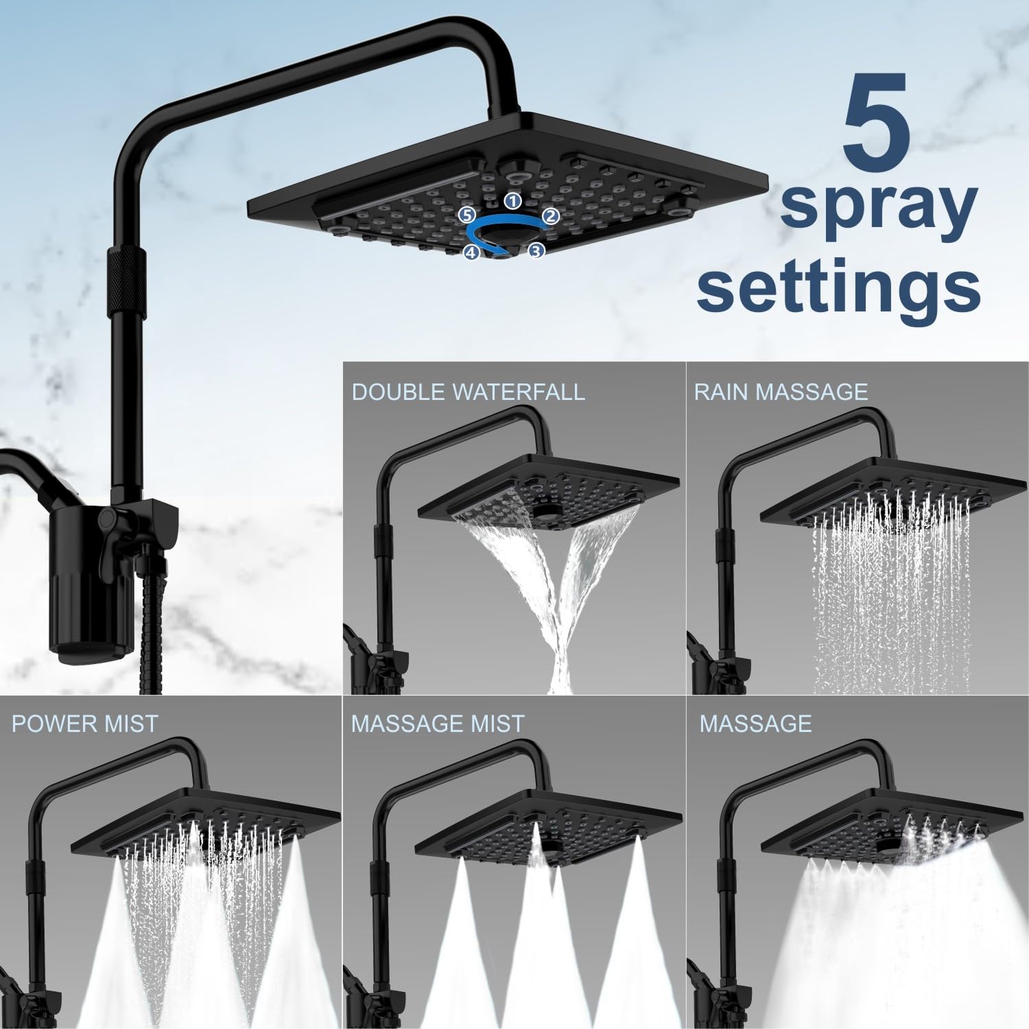 JINGZE Pomme de douche à effet pluie filtrée avec combo de pulvérisation portatif, ensemble de pommeau de douche double avec filtre remplaçable, 5 modes de pulvérisation, bras d'extension réglable de