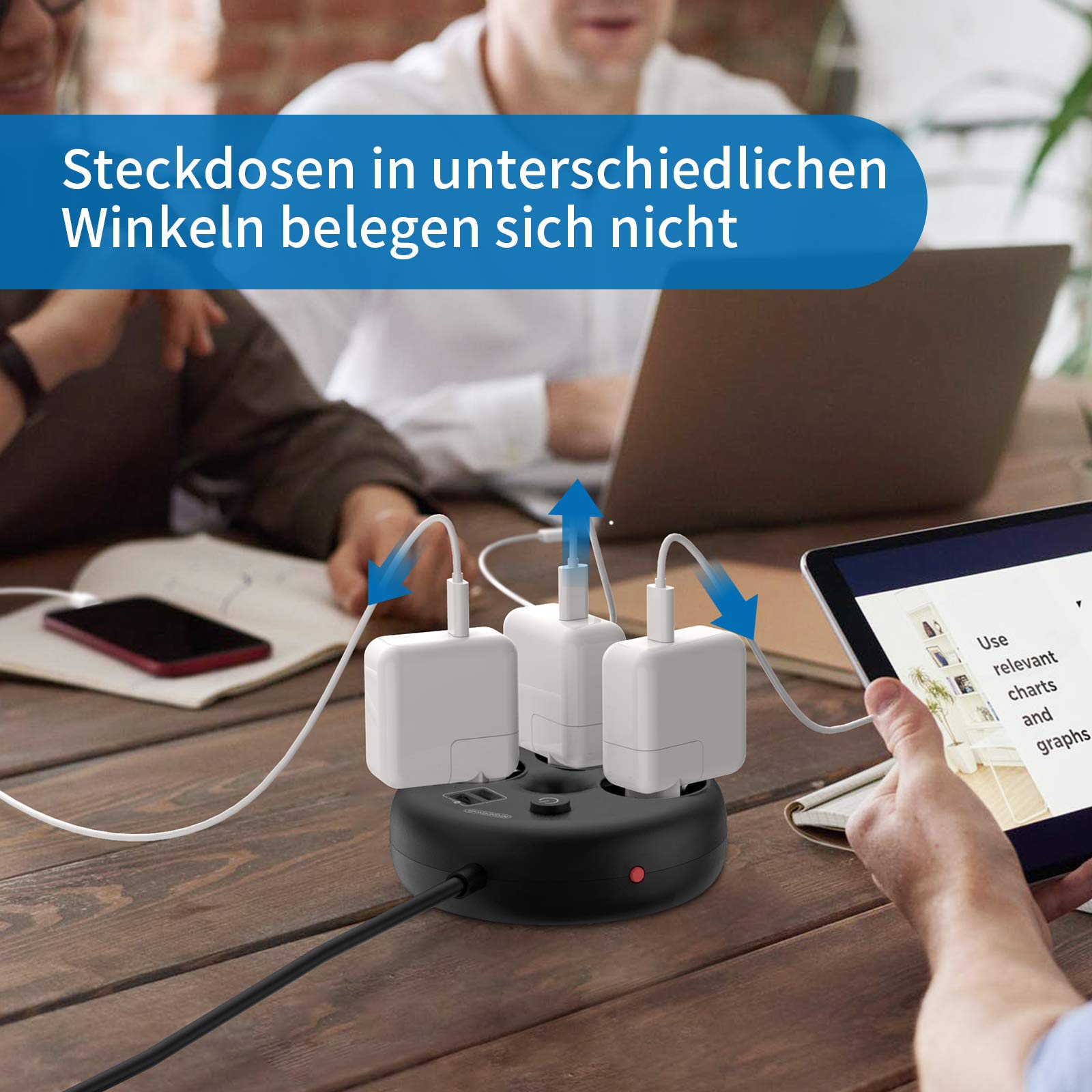 NTONPOWER Stekkerdoos, 3 Stopcontacten met 2 USB-poorten, Power Strip met 3 m kabel, Bescherming tegen overbelasting, Schakelaar, Bescherming voor kinderen, Zwart