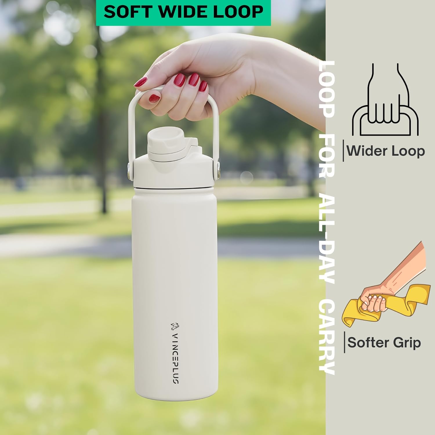 18oz Stainless Steel Water Bottle with 2 in 1 Lid | Triple Wall Vacuum Insulated | Leak-Proof, Carry Handle, Wide Mouth Travel Mug | BPA-Free for Kids & Adults (Ivory White, 18oz)