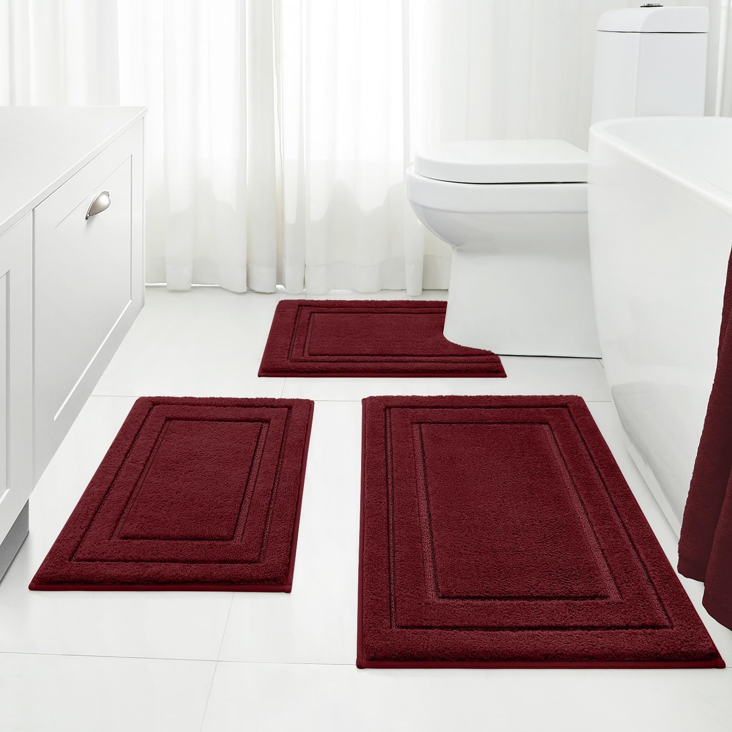 HOMEIDEAS Bathroom Rugs Sets 3 Piece, Super Soft and Absorbent Non Slip Microfiber Toilet Bath Mat with U-Shaped (Burgundy Red)