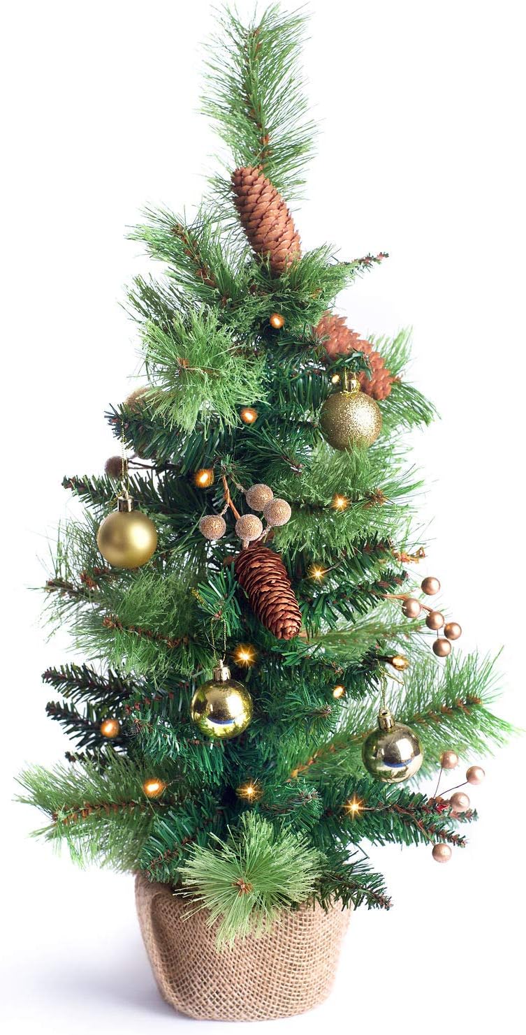 Best Artificial2ft / 60cm Small Decorated Indoor Christmas Tree with 20 Warm White LED Battery Lights (Gold)