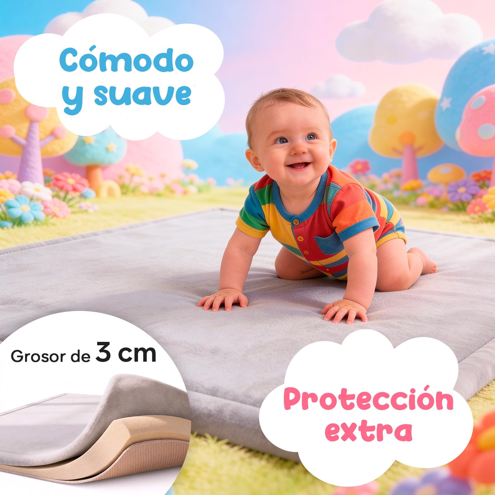 Alfombra de Juegos Bebé 150x150 cm – Alfombra de Memory Foam Acolchada 3 cm – No Tóxica, Antideslizante y Cómoda – Gran Tapete para Actividades y Gateo – Avec Maman