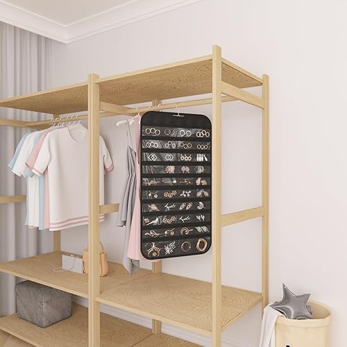 Miniatura 9 de Paquete de 1 organizador de joyas colgante de 80 bolsillos de doble cara para joyas, aretes, collares, pulseras, anillos, almacenamiento de viaje,