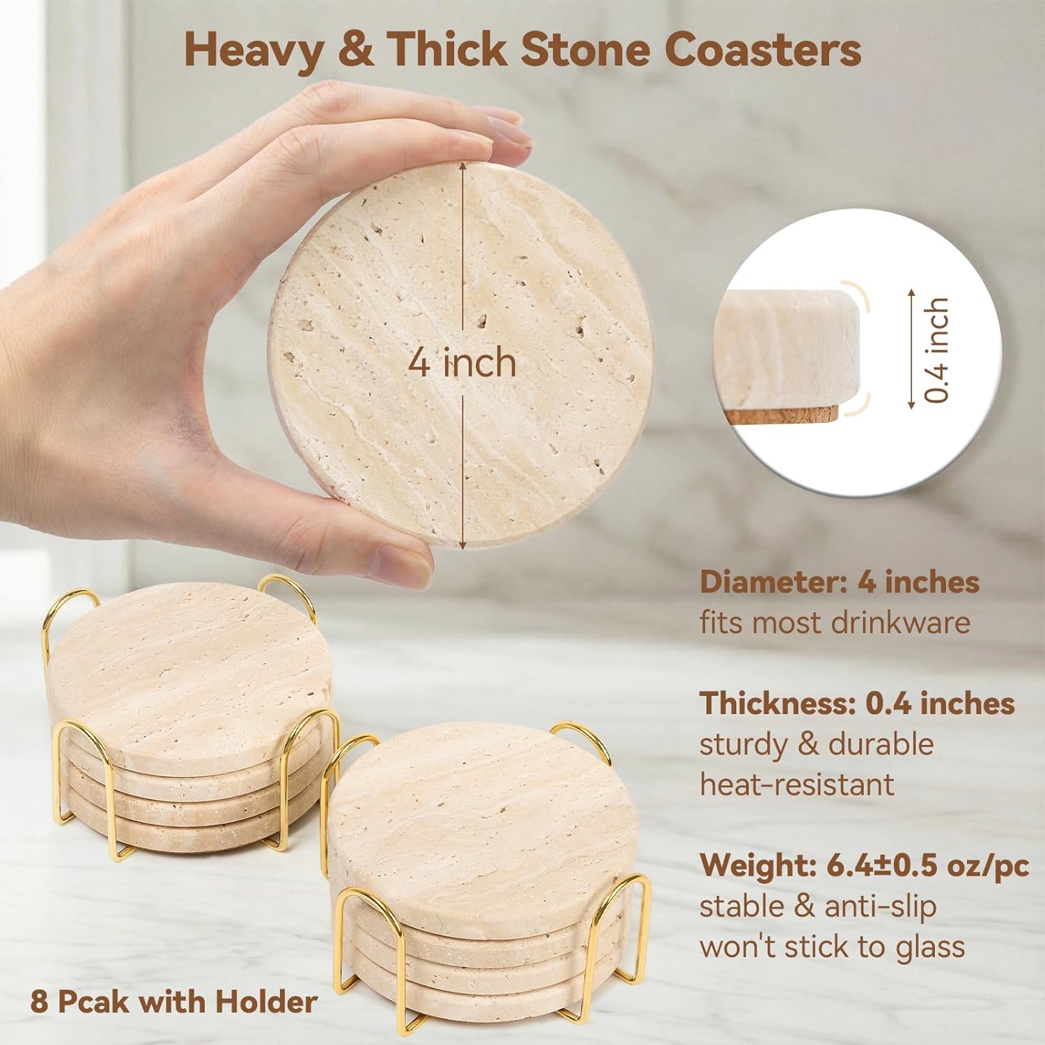 Set of 8 Travertine Coasters with Holder, 4" Round Stone Drink Coasters with Stand for Table Desk Bar - Cork Backed, Heat Resistant Rustic Farmhouse Boho Coaster, Elegant Coffee Table Decor