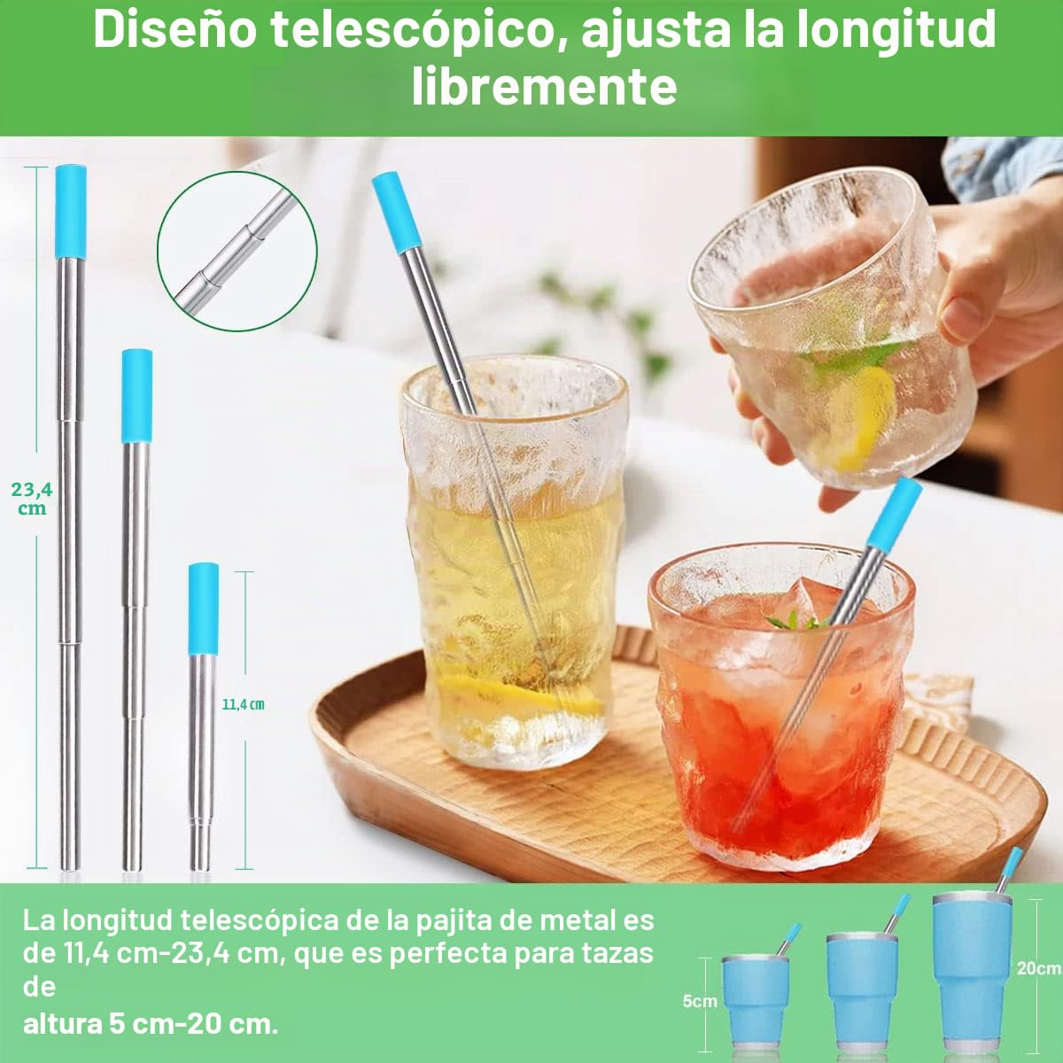 4PCS Pajitas Telescópicas de Acero Inoxidable, Portátiles Pajitas Telescópicas Reutilizables, Fácil de Limpiar, Longitud de hasta 23 cm, Cepillo de Limpieza/Estuche/Mosquetón, Negro/Plata/Azul/Naranja