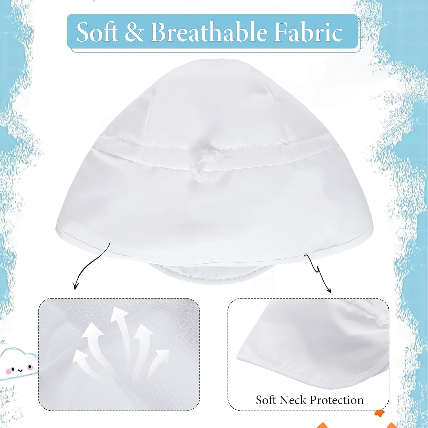 Baby Sun Hat UPF 50+ Toddler Beach Hat with Neck Flap Adjustable Chin Straps for Boys Girls Sun Protection Summer Swim White