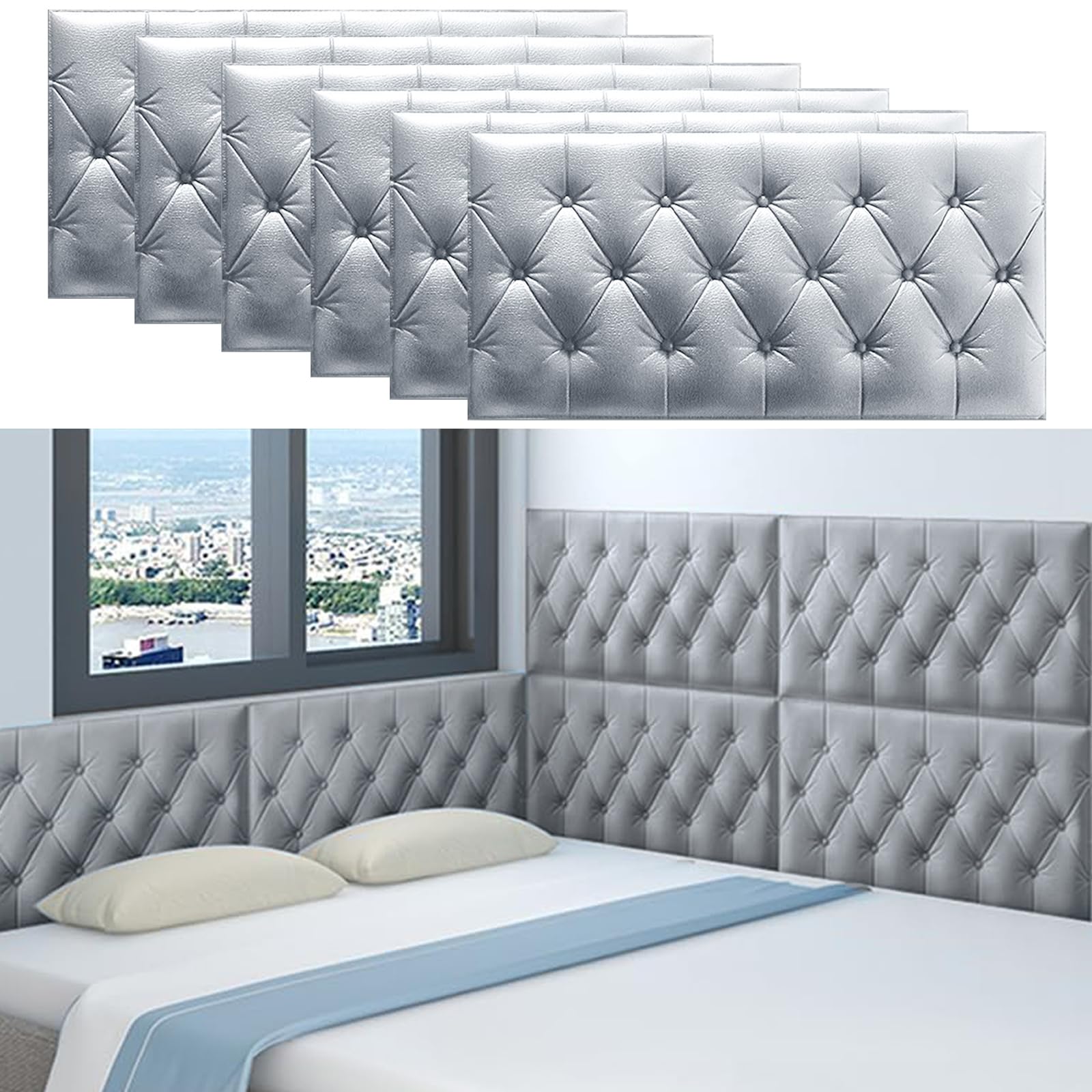 6 Pack 3D Anti-Collision Wall Padding, Peel and Stick Headboard Padded, Upholstered Padded Wall Panels for Bedroom Playroom Wall Protection