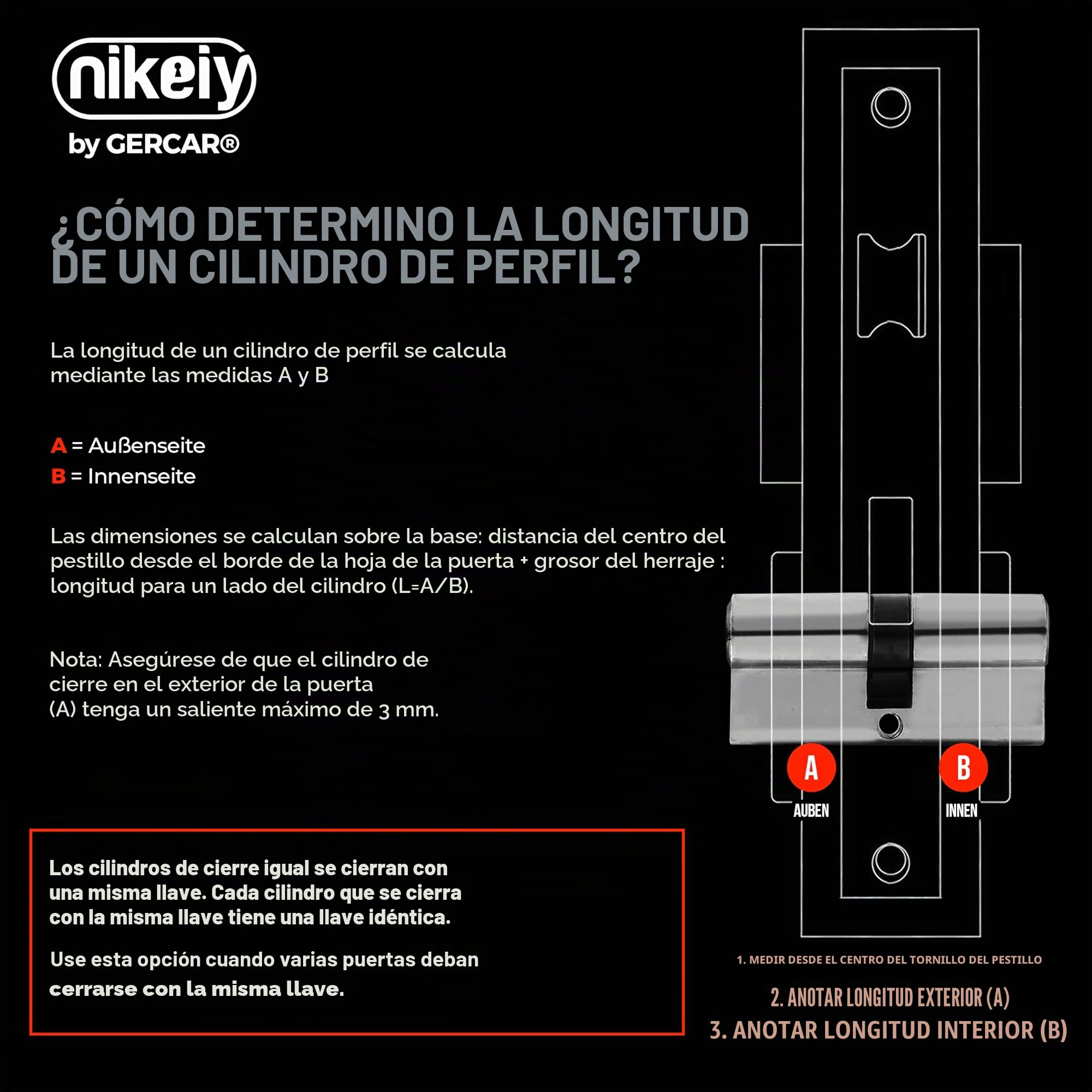 GERCAR - Cilindro de perfil para cerradura de puerta, 35/35, cilindro de pomo, incluye 10 llaves. Juego de 4 unidades con cierre simultáneo. Longitud: 70 mm, A: 35, B: 35, juego de 4 unidades