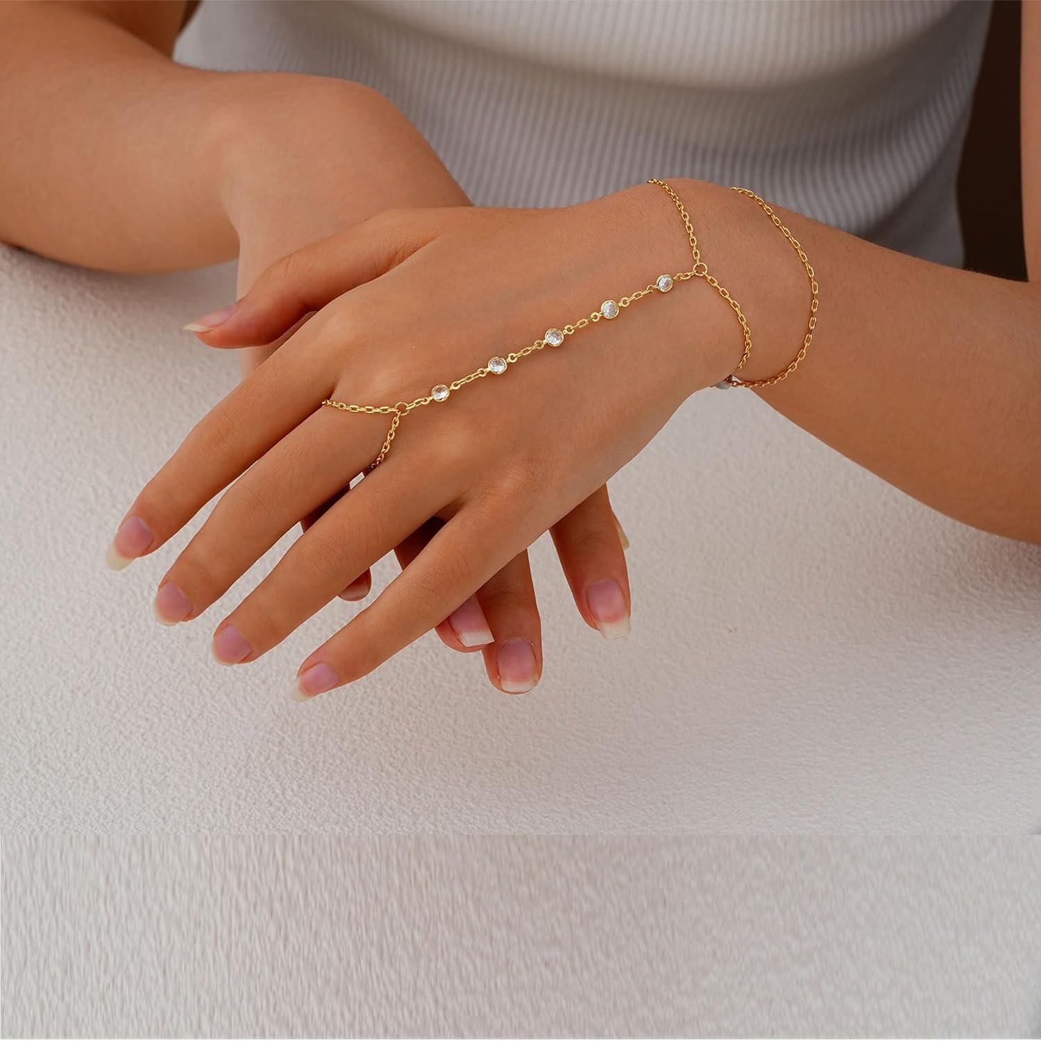 Bracelet Ring Hand Chain Hand Chain 14K Dainty Finger Bracelet Zircon Hand Jewelry Gold Bracelet For Women Trendy Summer Essentials Stuff Fashion Boho Beach Wedding Jewelry Gifts - Image 5