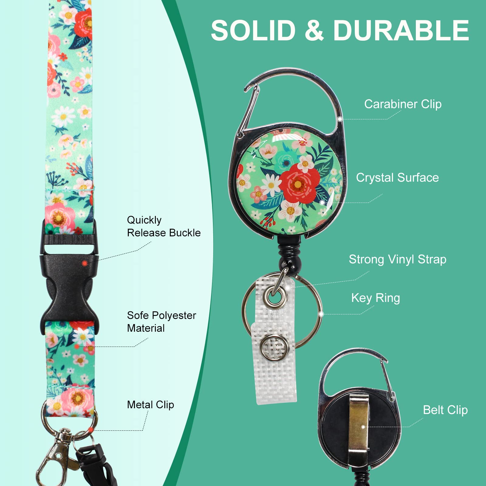 Flower ID Badge Holder With Breakaway Lanyard & Retractable Reel - For Teacher, Nurse, Office Work (3 Pack) - View #7
