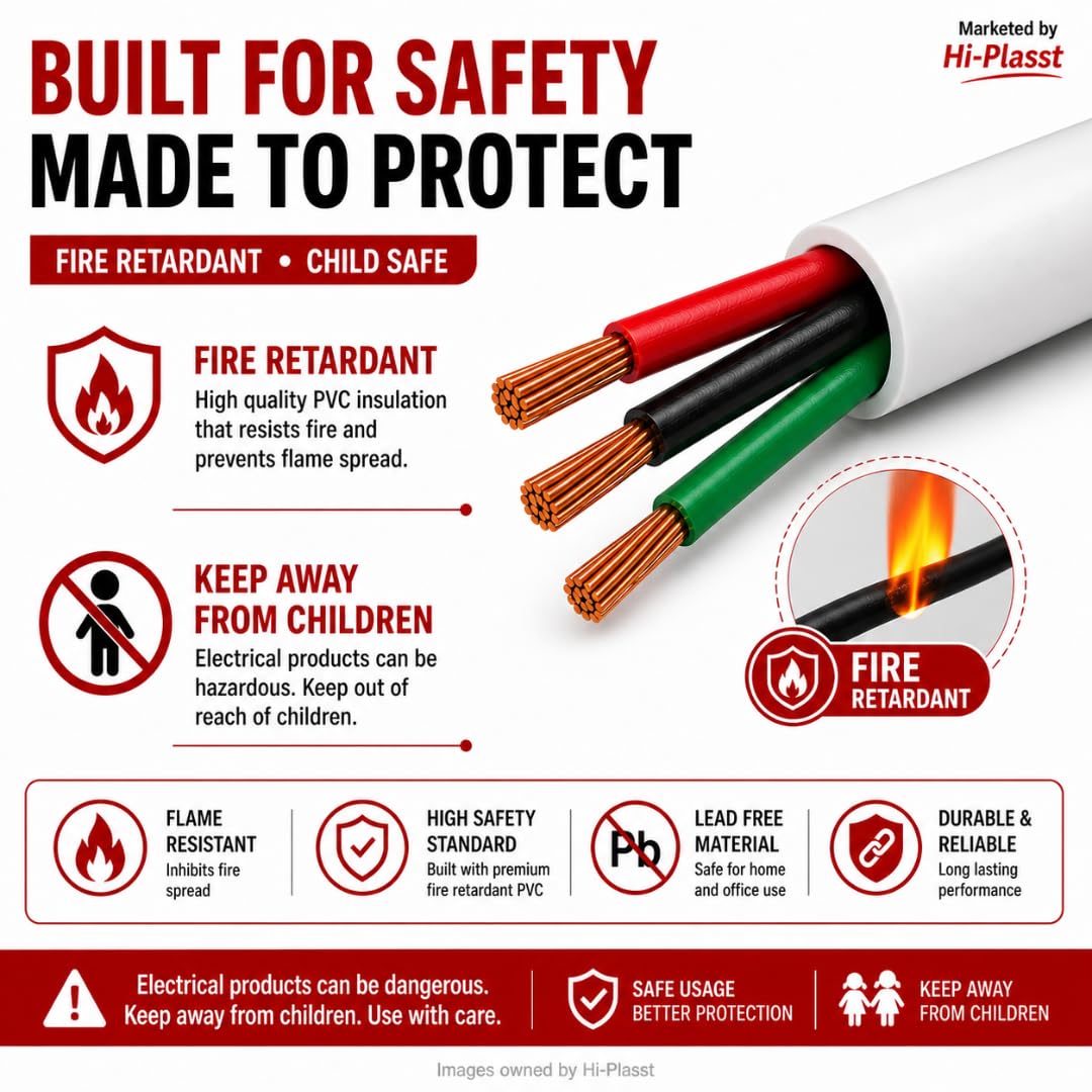 Hi-Plasst 1.5 Sqmm 3 Core Flexible Copper Wire 5M | ISI FR PVC Heavy Duty AC Cord | 16A Extension Wire/Extension Cable for Home Appliances (White) — Amazon image 5