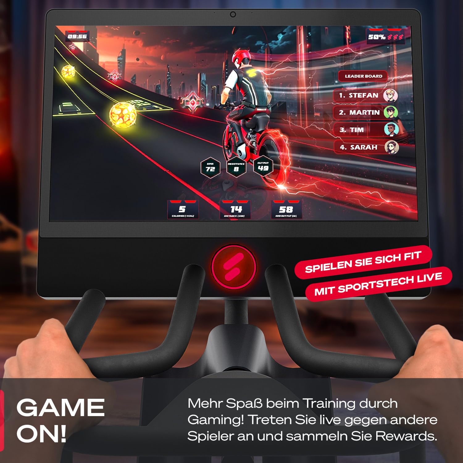 Sportstech Heimtrainer + 21.5" Touch Display - Deutsche Qualitätsmarke - APP mit Live Workouts & Kursen Fitnessbike mit patentierter LED Technologie, Ergometer, sBike