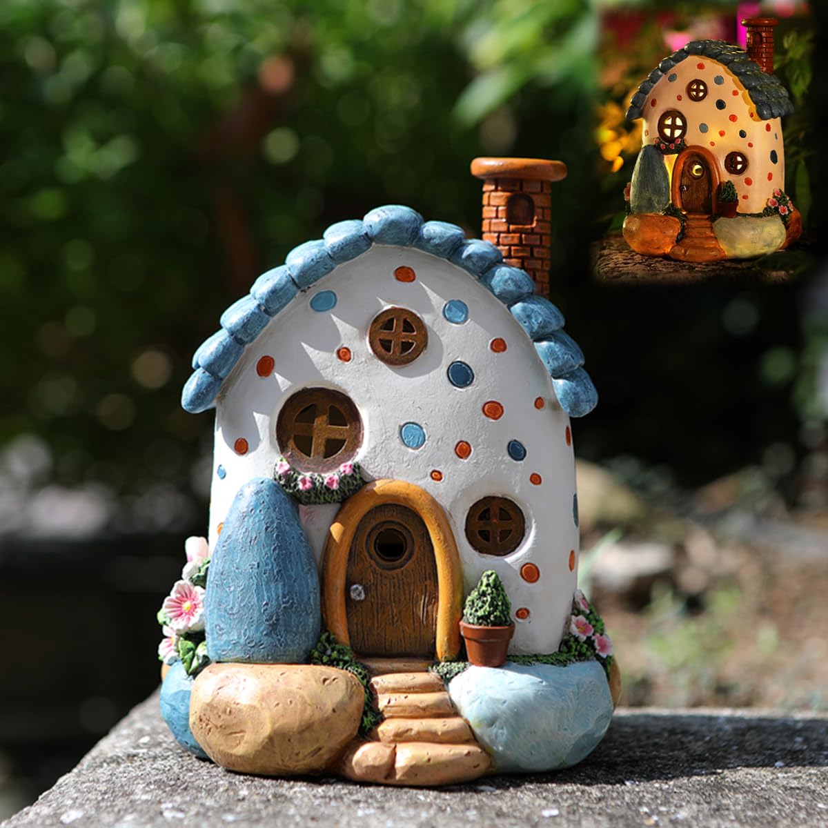 Muiltvoe Solar Stone House Garden Statue with LED Light Outdoor Decor, Resin Fairy House Figurine Yard Art Sculpture for Patio Lawn Balcony Ornaments