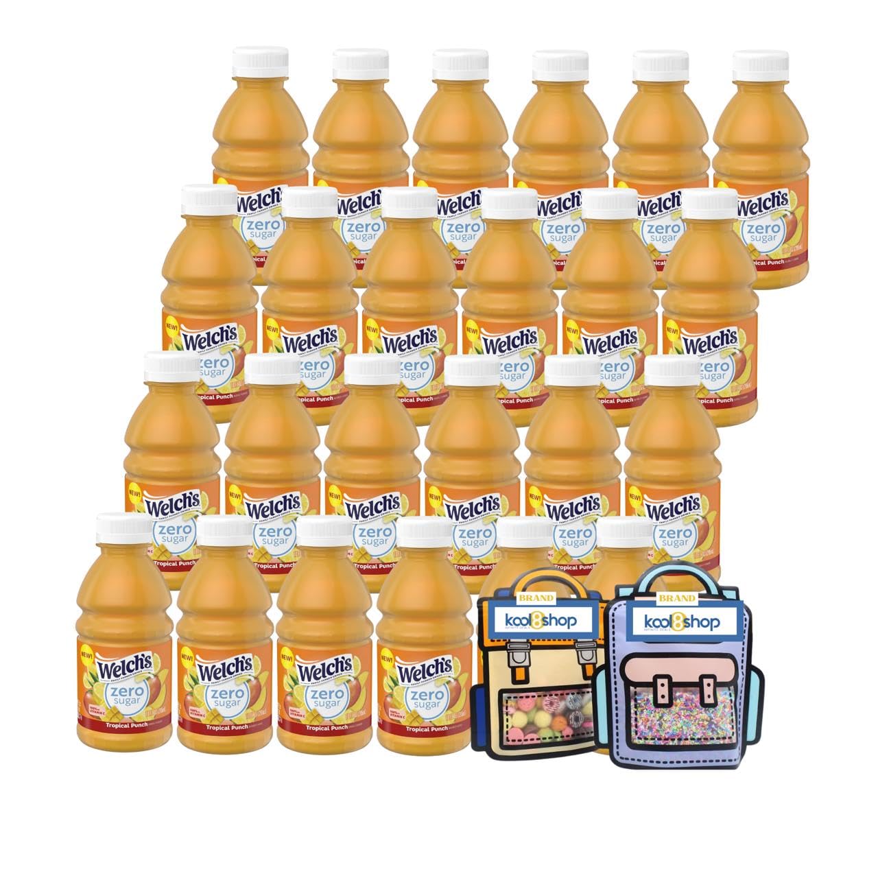 Welch's Zero Sugar Tropical Punch Juice Drink 10 fl oz Plastic Bottle 24 Pack + 2 Reusable Snack Bags by KOOL8SHOP Infinite Deals