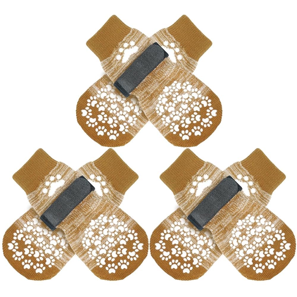 EXPAWLORER 3 Pairs Anti-slip Dog Socks Paws Stop Licking, Dog Paw Protector with Grips Double-sided Strong Traction, Adjustable Boots Shoes for Senior Dogs Hard Floor Indoor Outdoor Walk, Beige 2XL — image 1