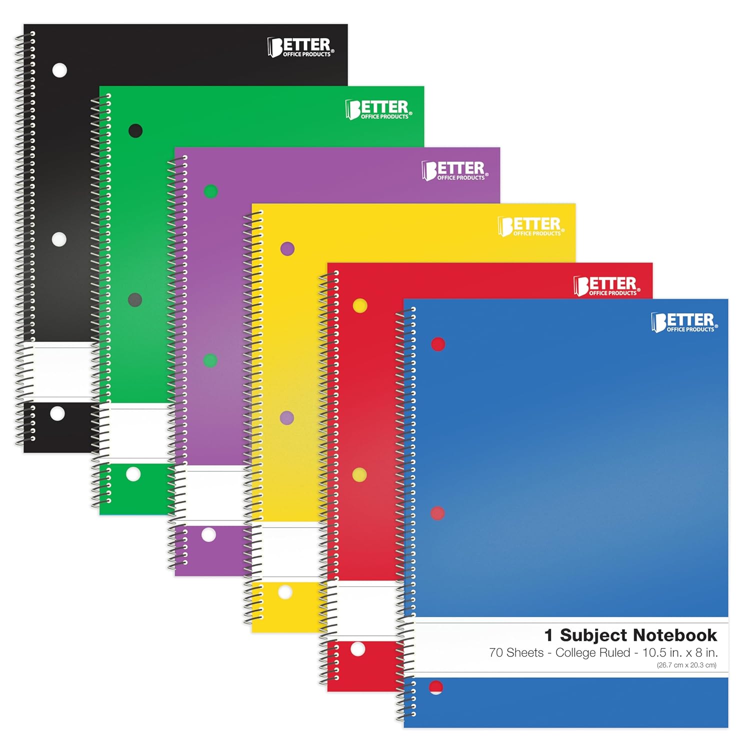 Better Office Products Spiral Notebooks 1-Subject, 24 Pack, College Rule, 70 Sheet, 8 x 10.5 inches, 6 Assorted Primary Colors, 24 Pack